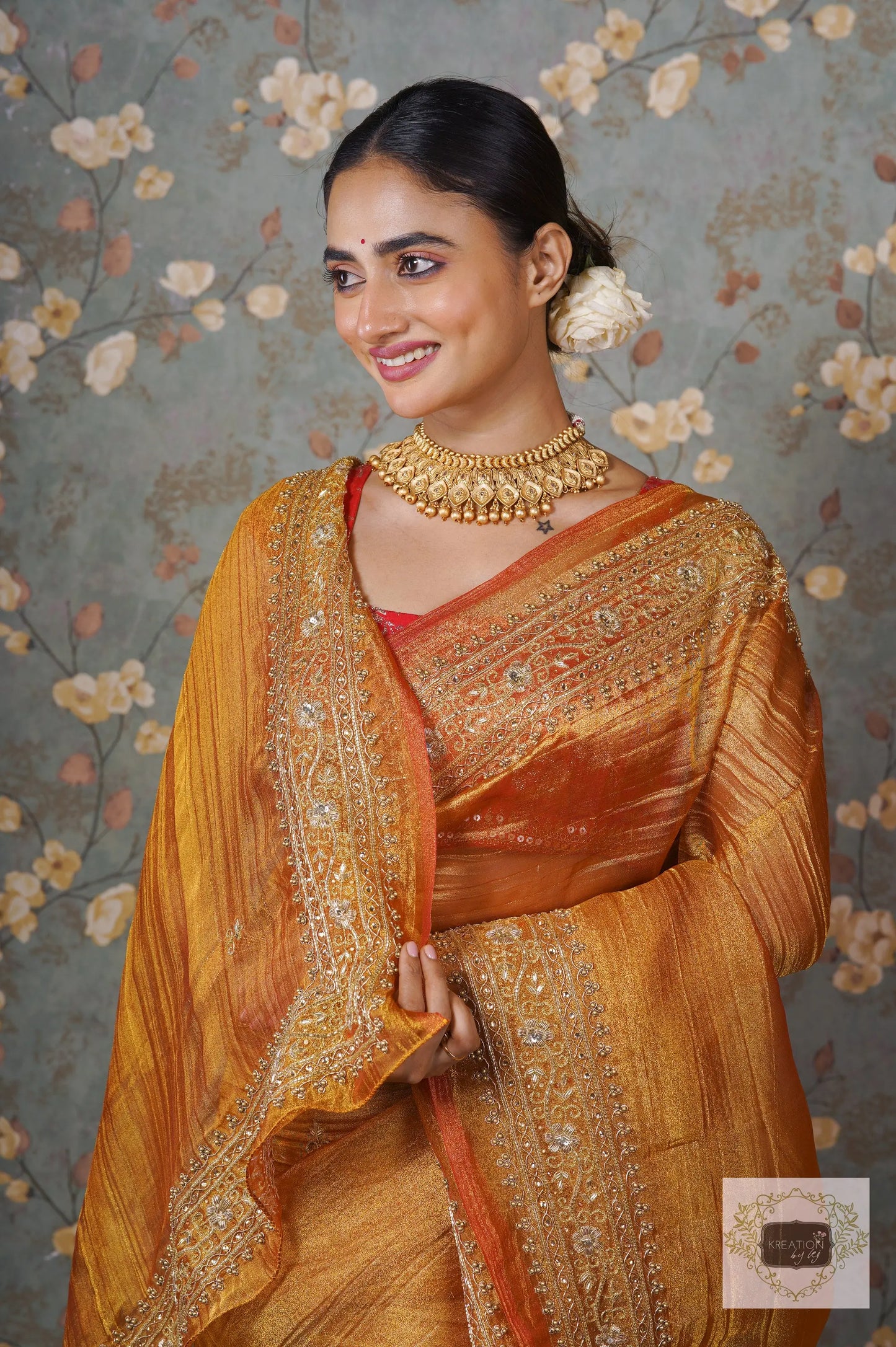 Fiery Gold Zari Tissue Zarina Saree kreationbykj