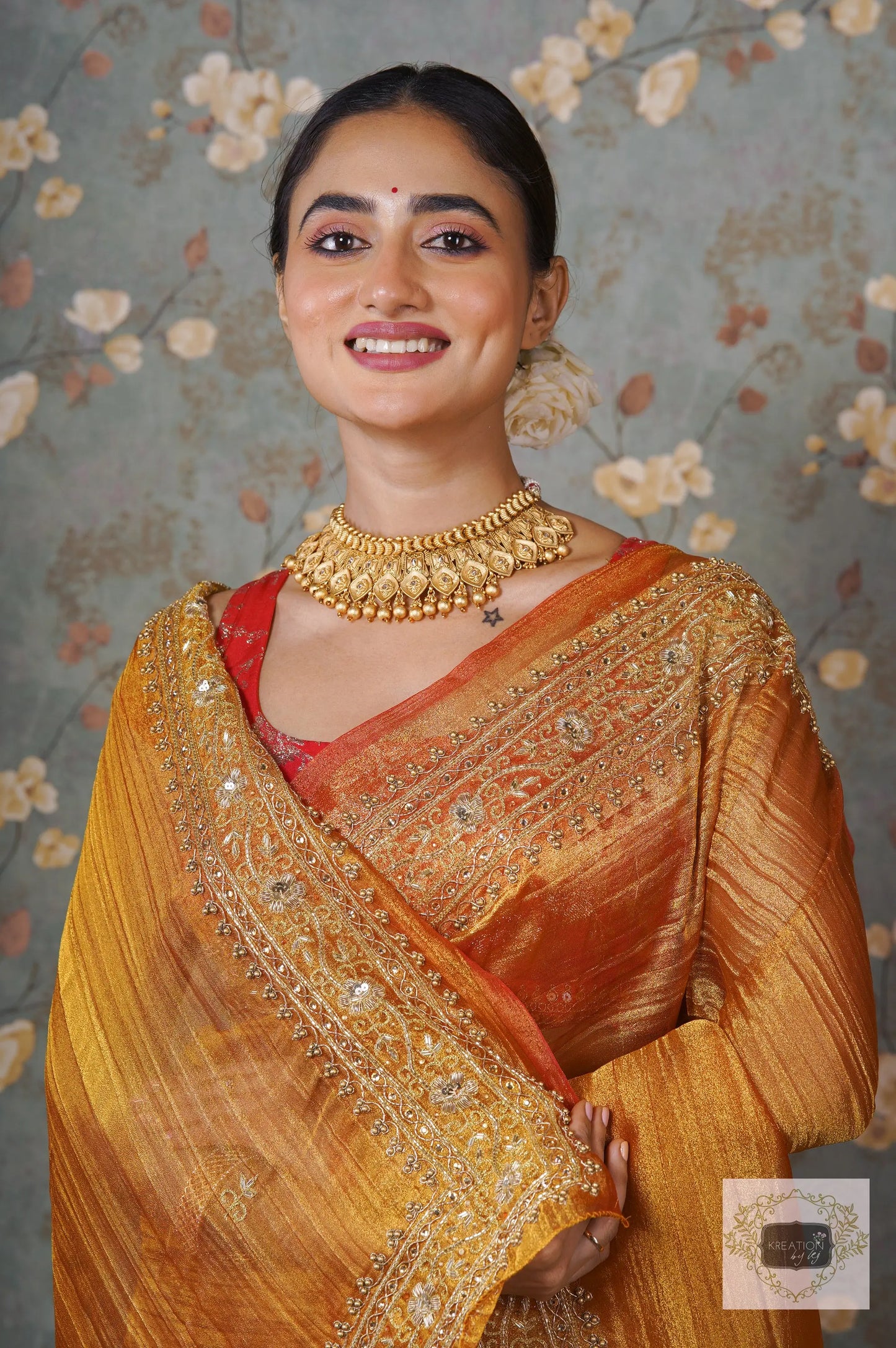 Fiery Gold Zari Tissue Zarina Saree kreationbykj