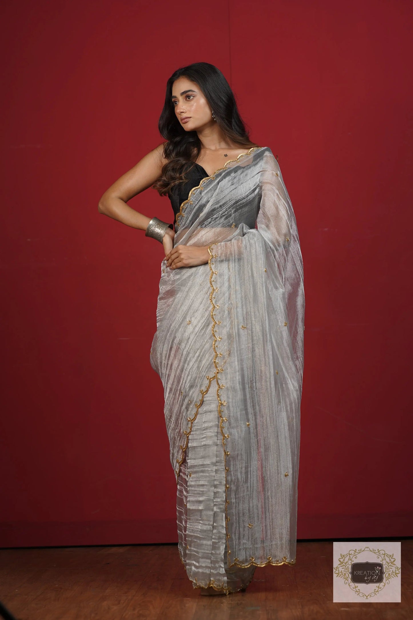 Silver Tissue Sequin Piyali Saree kreationbykj