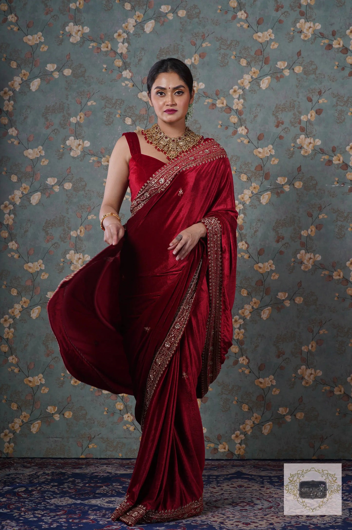 Maroon Velvet Zarina Saree-Wedding Sarees, Bridal Fashion kreationbykj