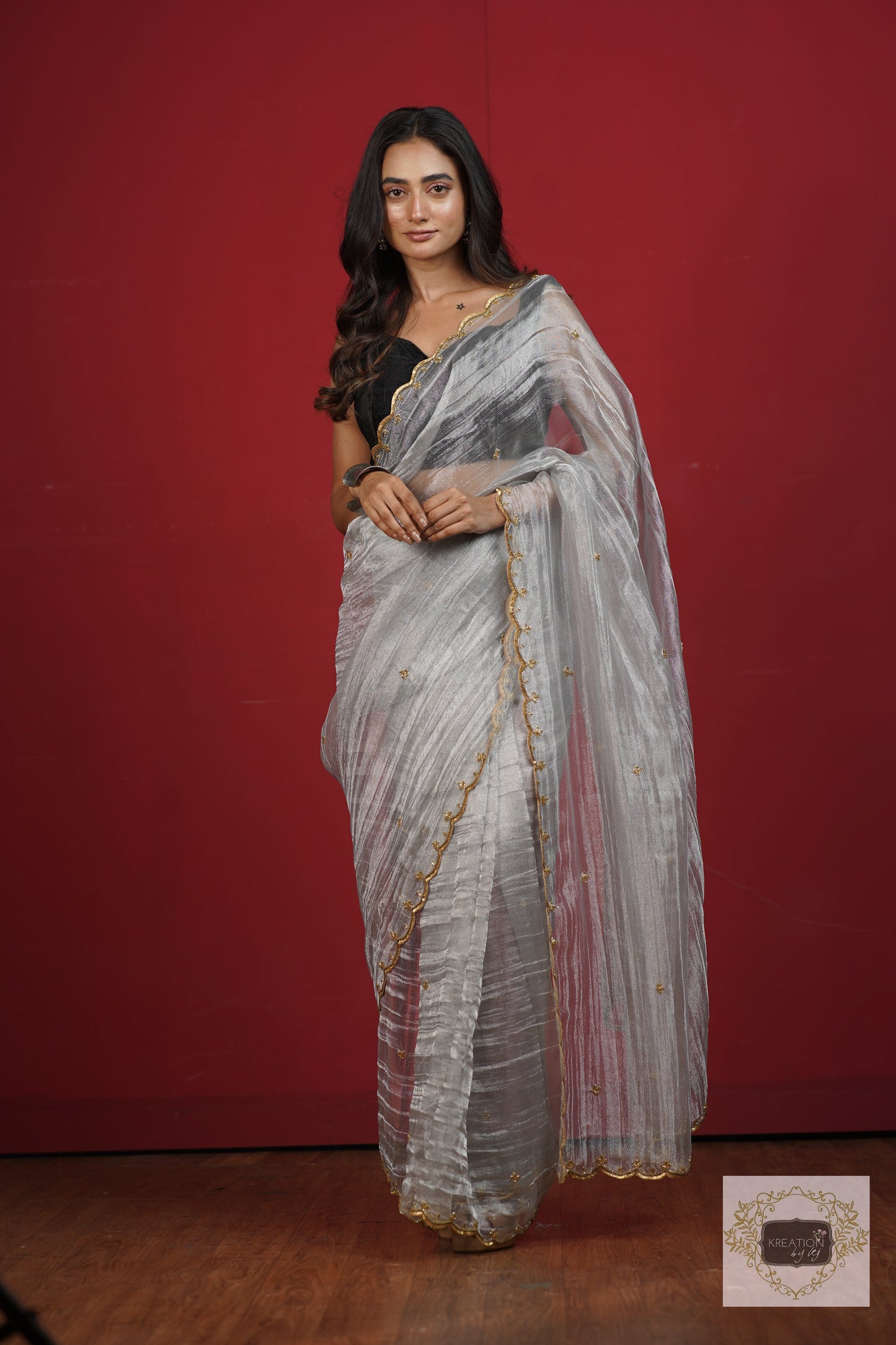 Silver Tissue Sequin Piyali Saree kreationbykj