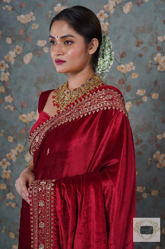 Maroon Velvet Zarina Saree-Wedding Sarees, Bridal Fashion kreationbykj