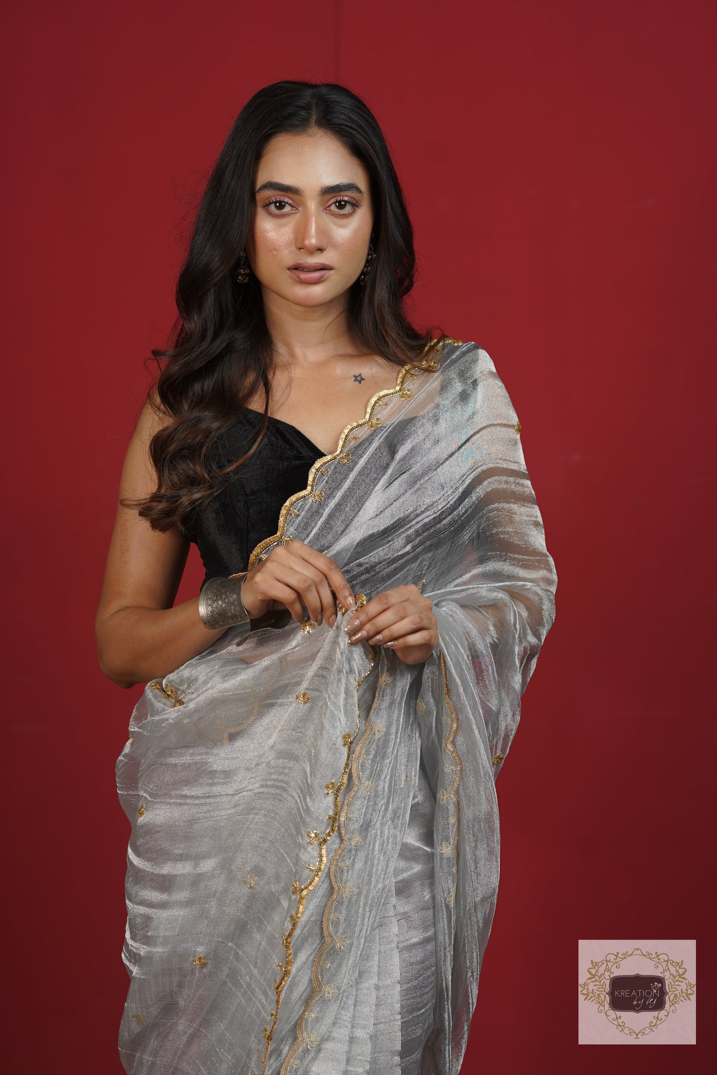 Silver Tissue Sequin Piyali Saree kreationbykj