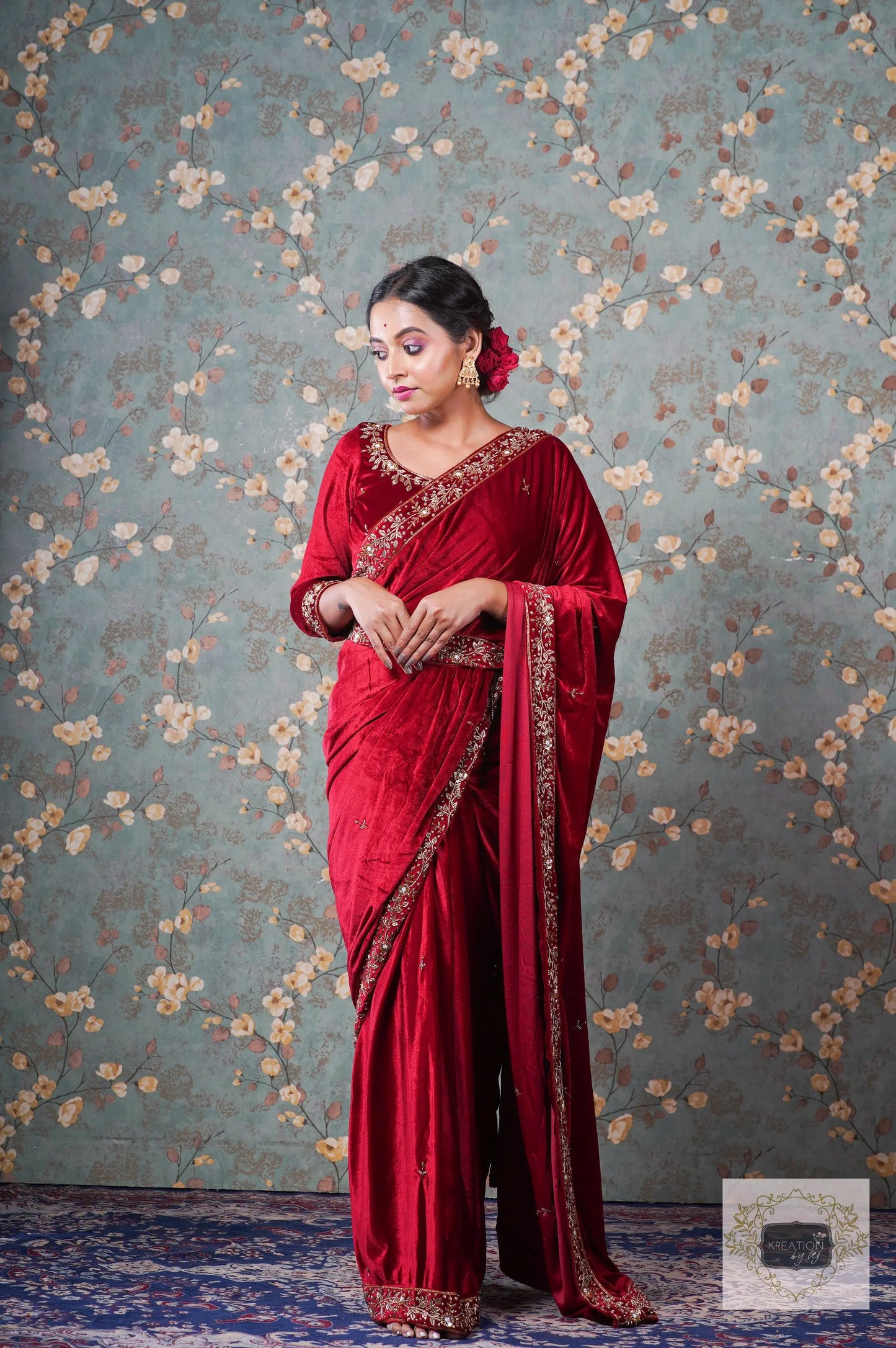 Anaya Maroon Velvet Saree kreationbykj