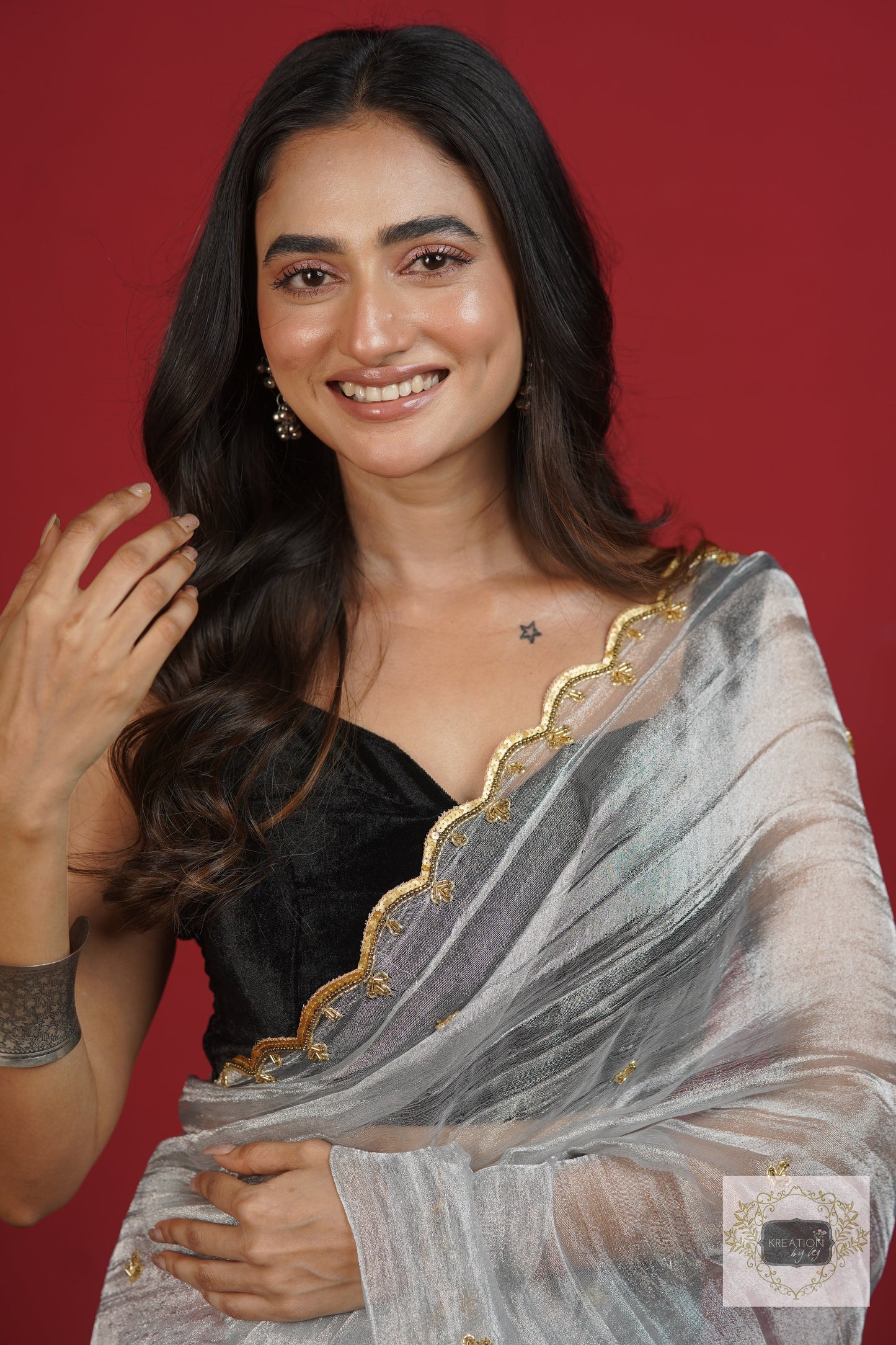 Silver Tissue Sequin Piyali Saree kreationbykj