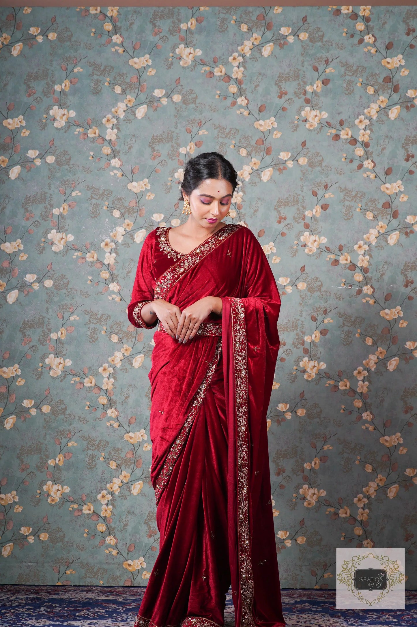 Anaya Maroon Velvet Saree kreationbykj