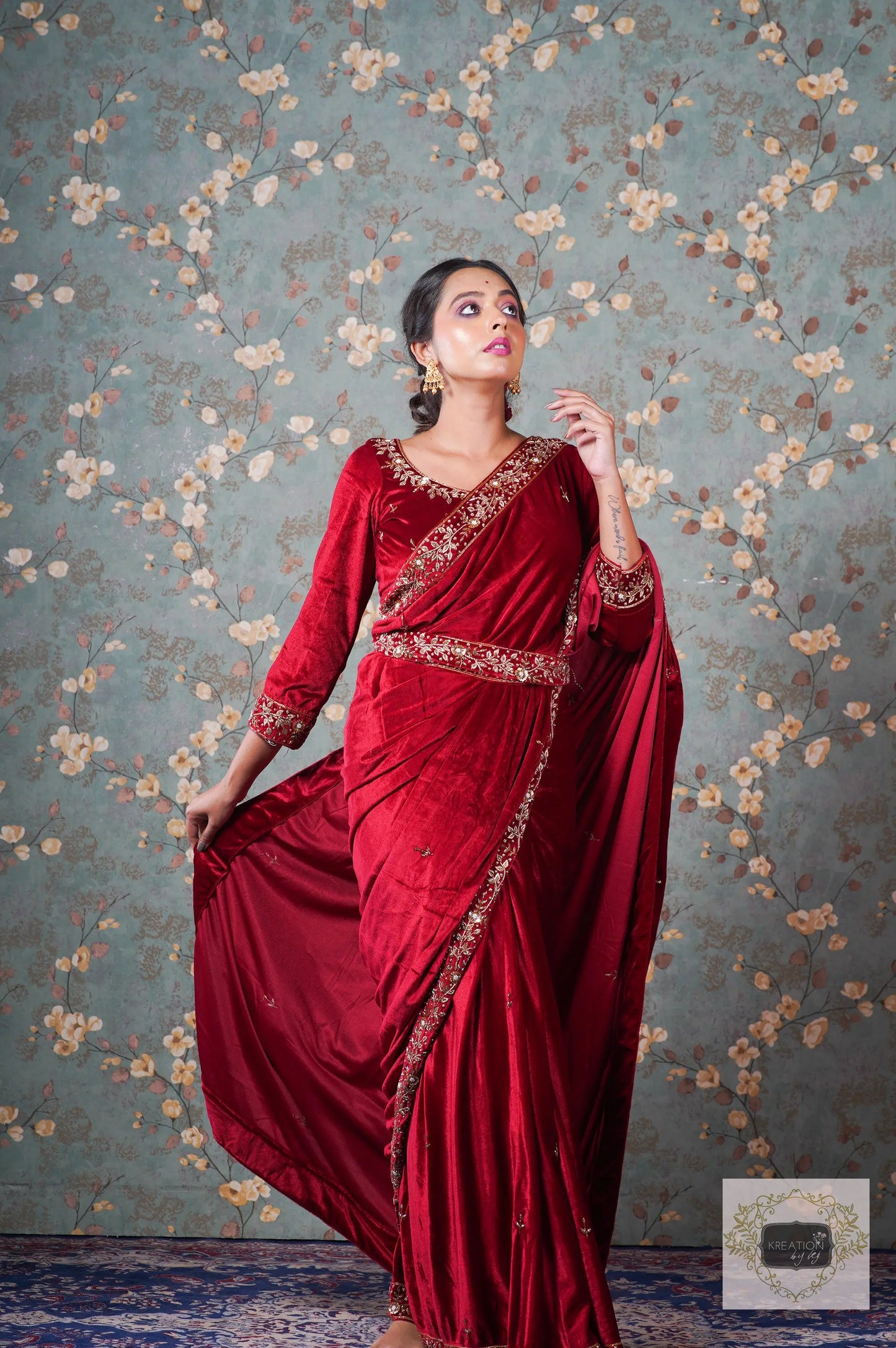Anaya Maroon Velvet Saree kreationbykj