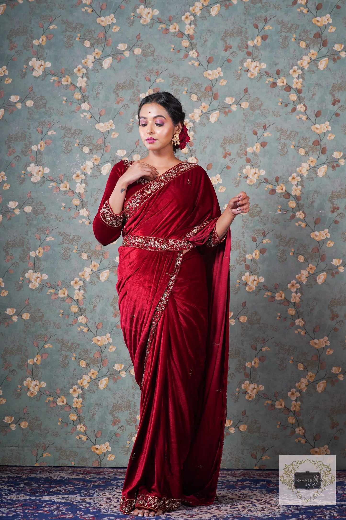 Anaya Maroon Velvet Saree kreationbykj