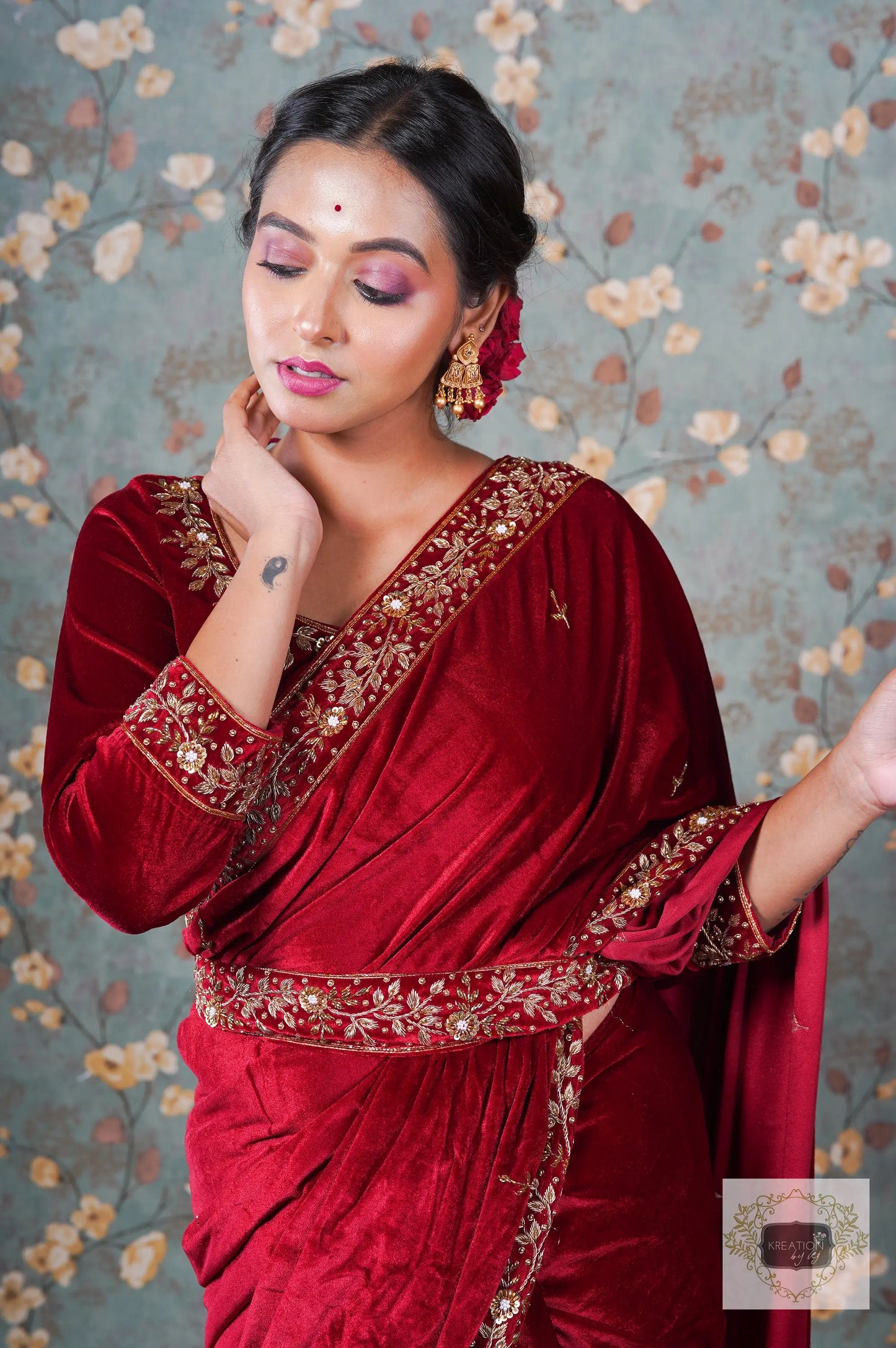 Anaya Maroon Velvet Saree kreationbykj