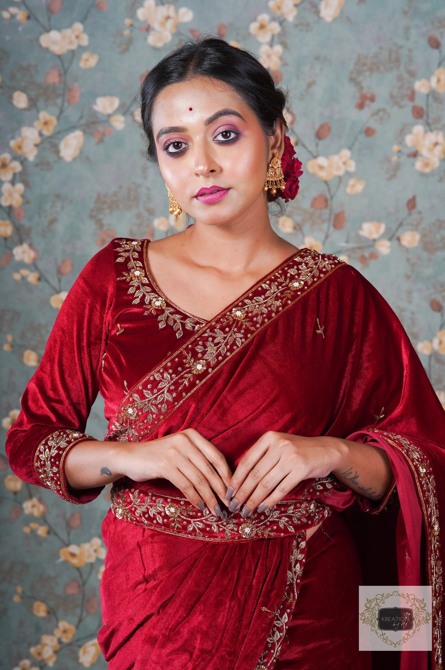 Anaya Maroon Velvet Saree kreationbykj
