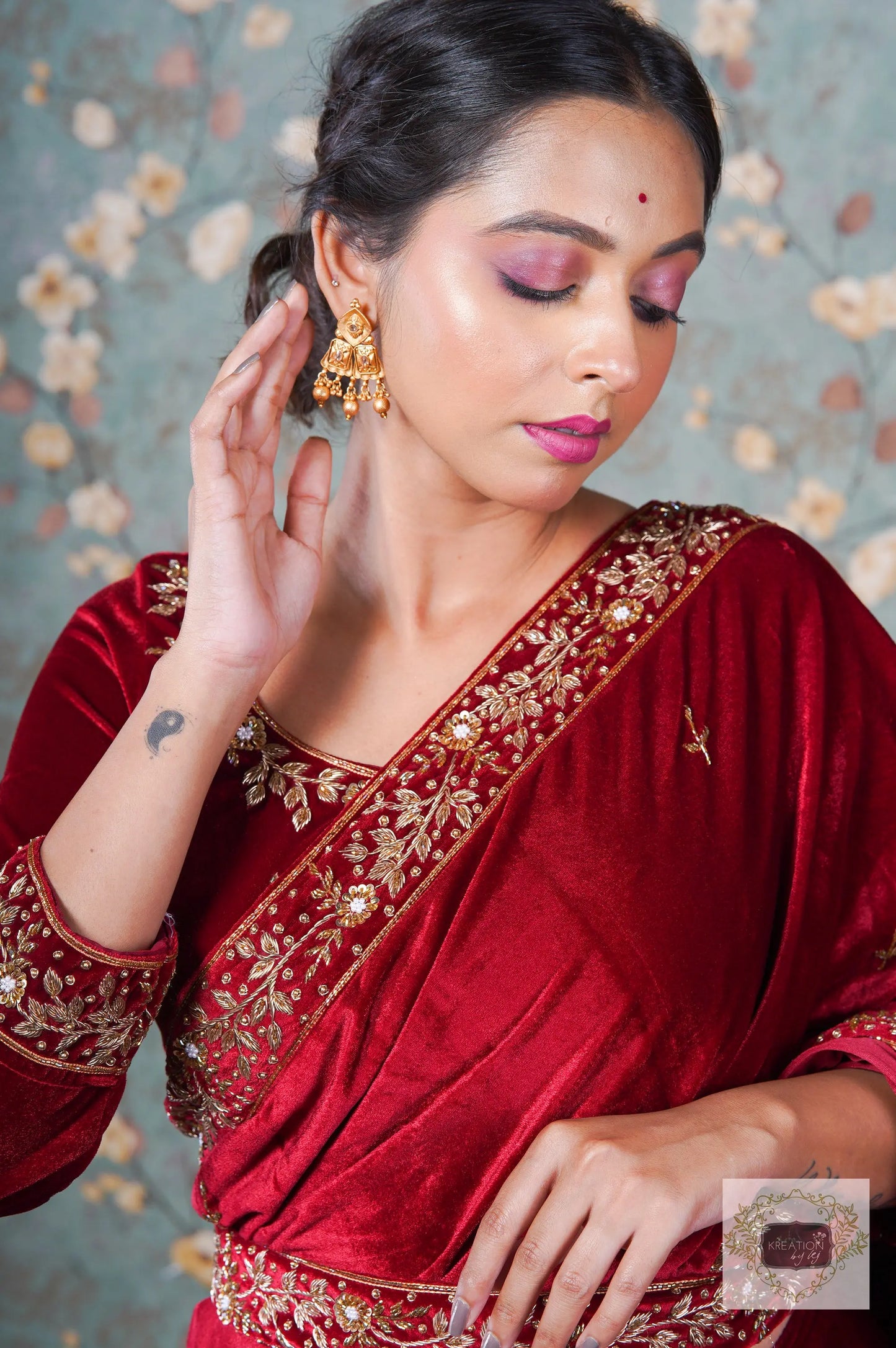 Anaya Maroon Velvet Saree kreationbykj