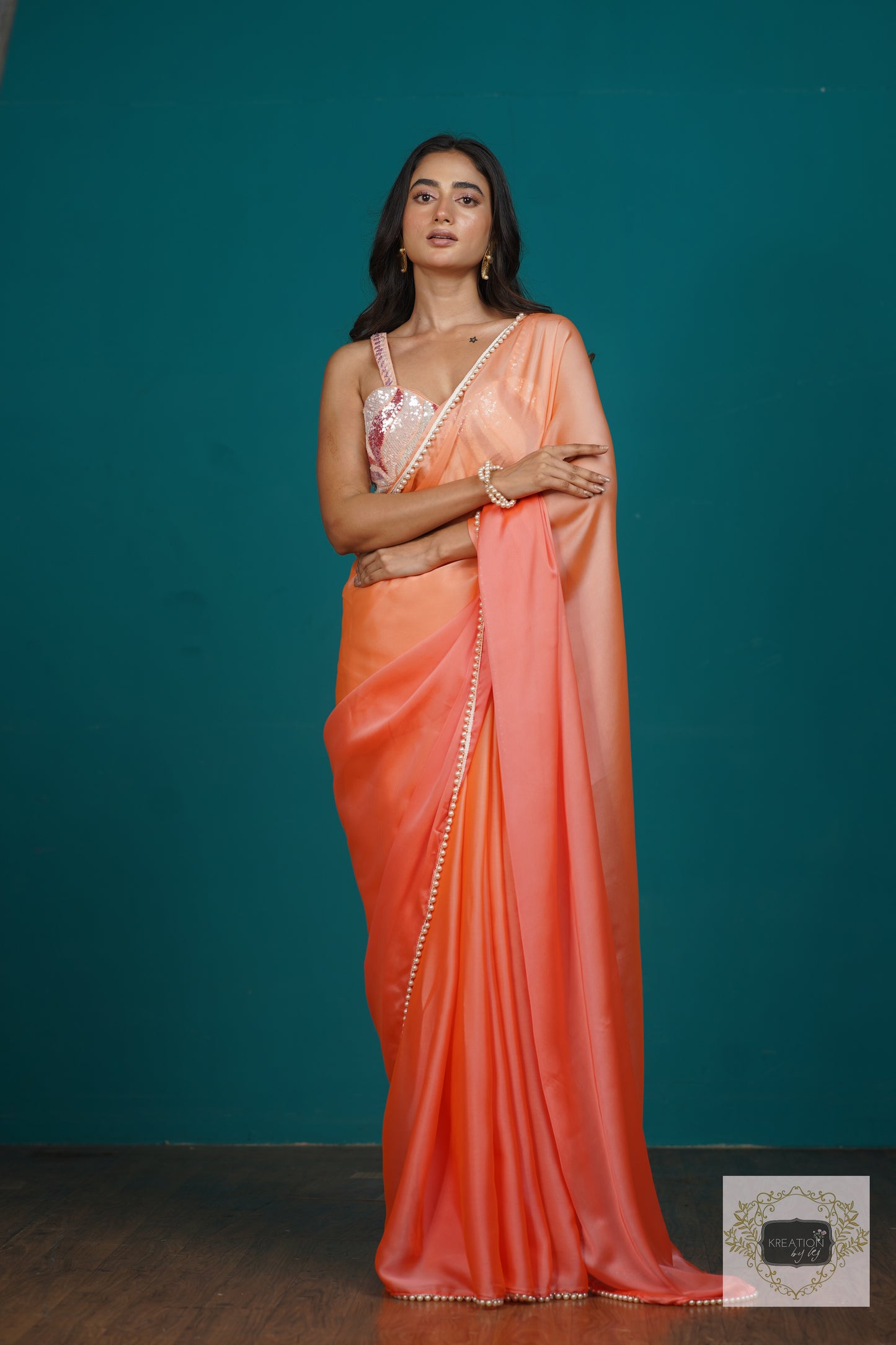 Tangerine Ombre Saree With Pearl Lace