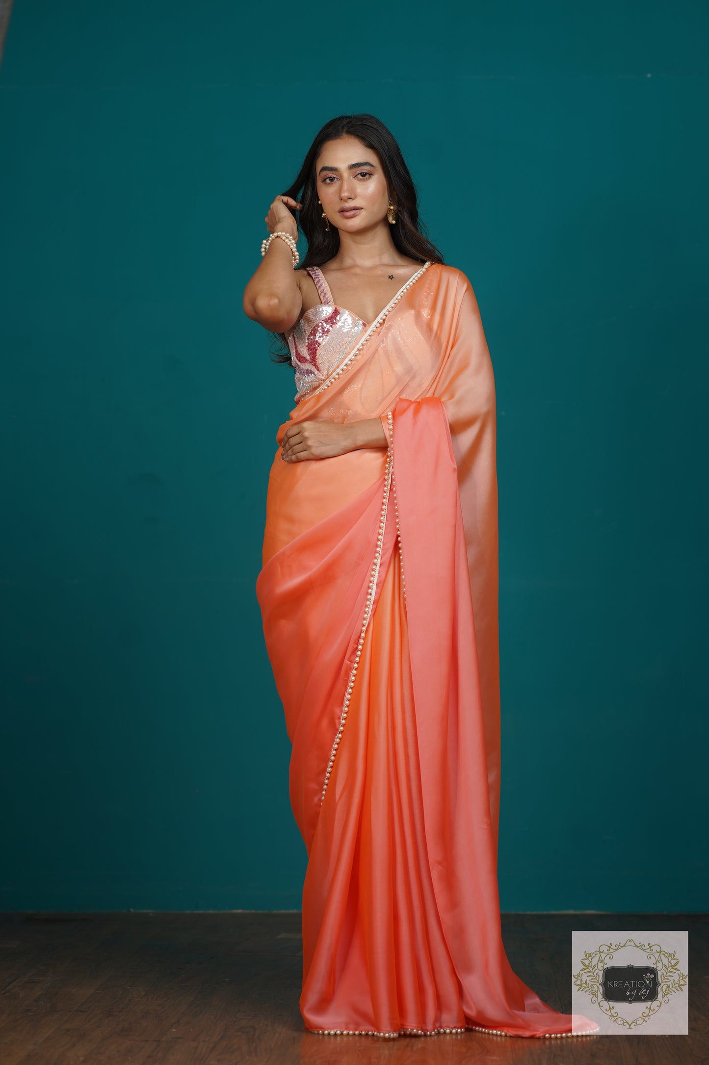 Tangerine Ombre Saree With Pearl Lace