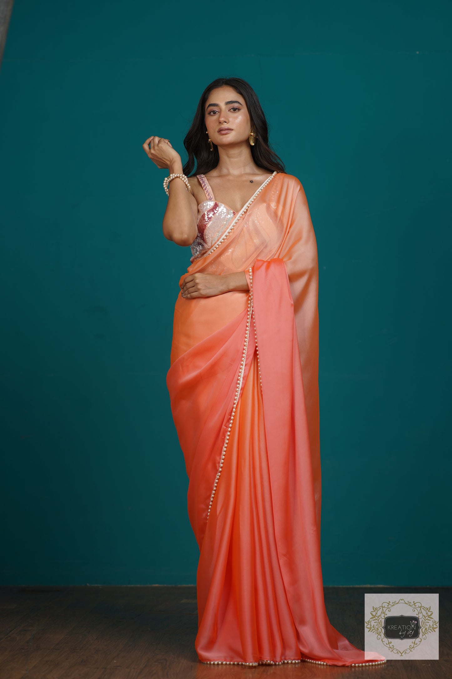 Tangerine Ombre Saree With Pearl Lace