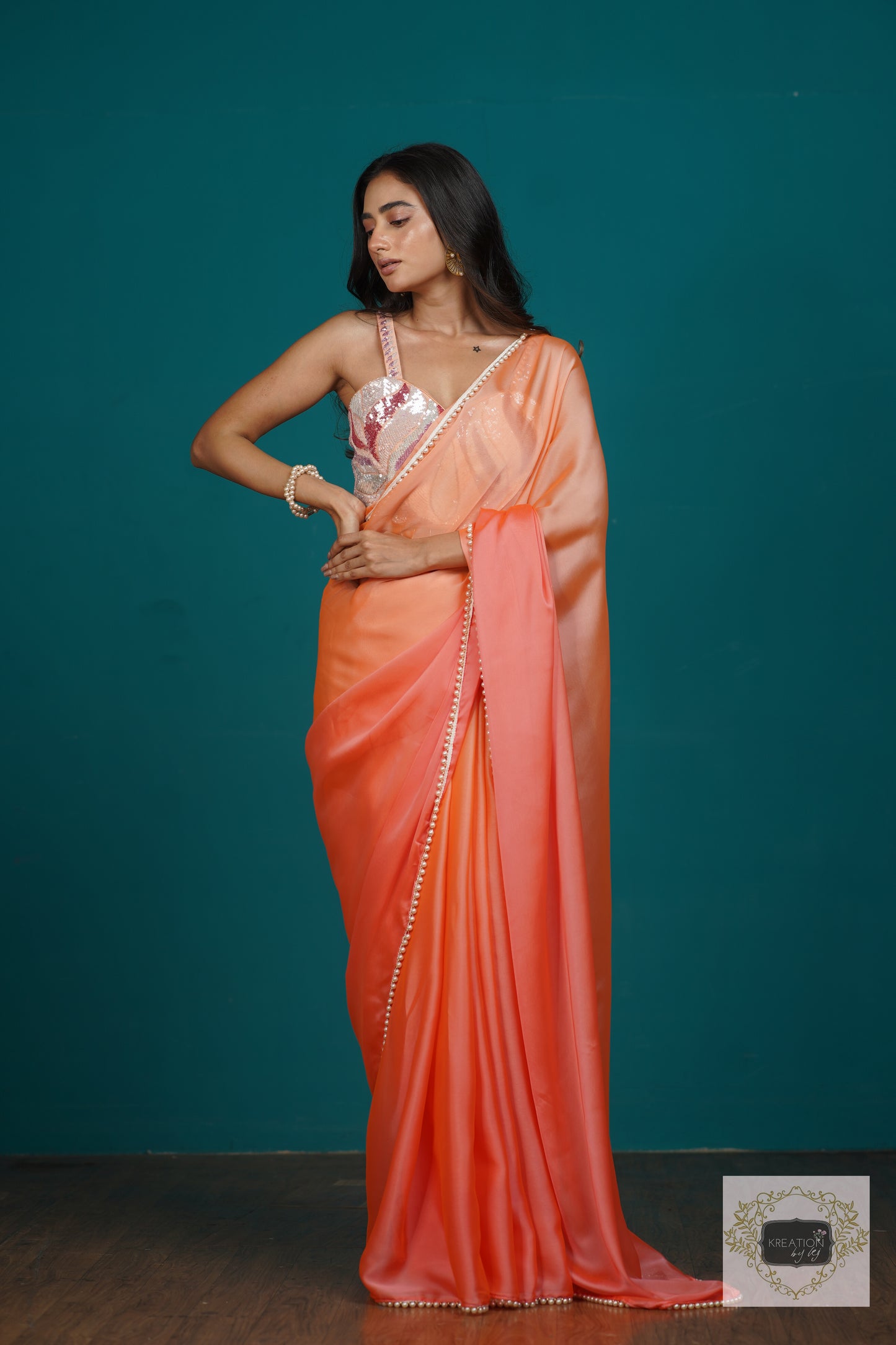 Tangerine Ombre Saree With Pearl Lace