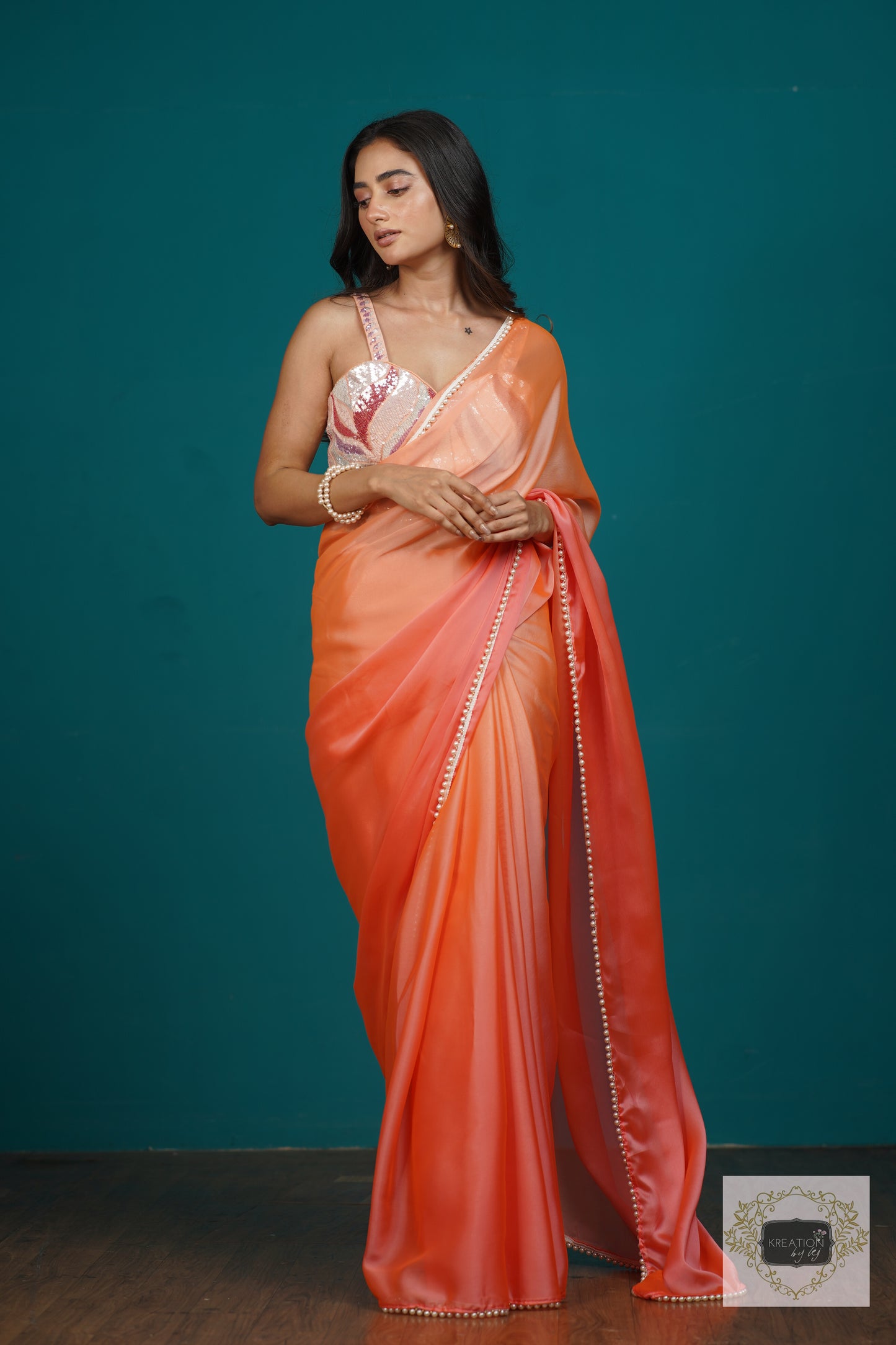 Tangerine Ombre Saree With Pearl Lace