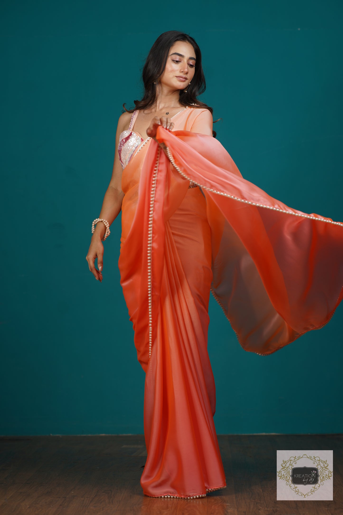 Tangerine Ombre Saree With Pearl Lace