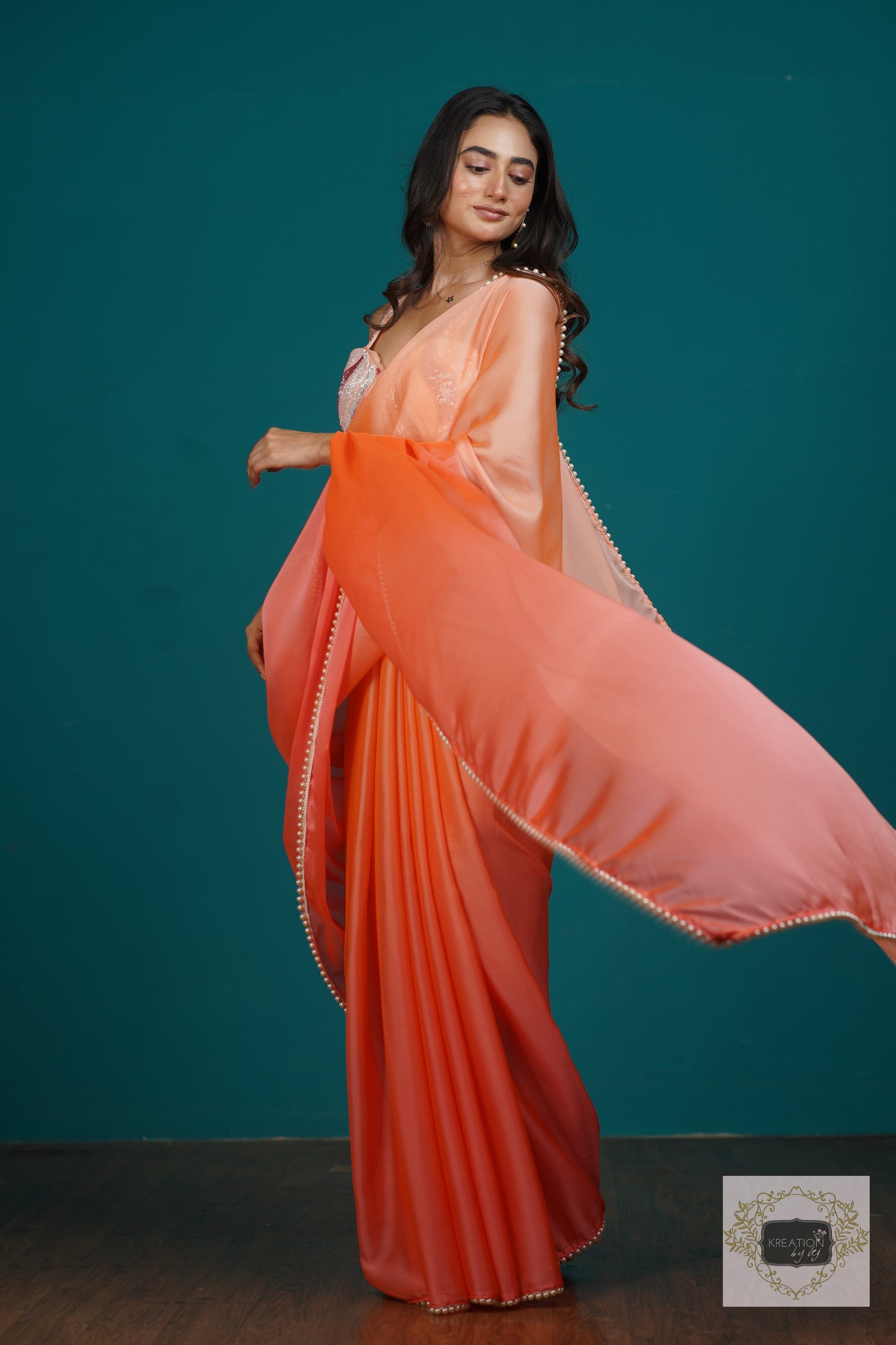 Tangerine Ombre Saree With Pearl Lace