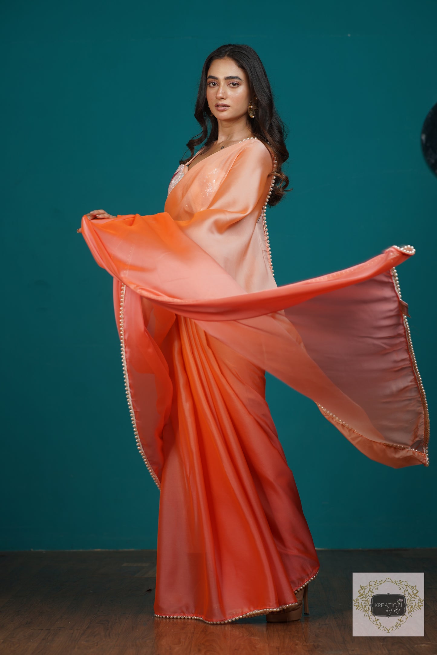 Tangerine Ombre Saree With Pearl Lace