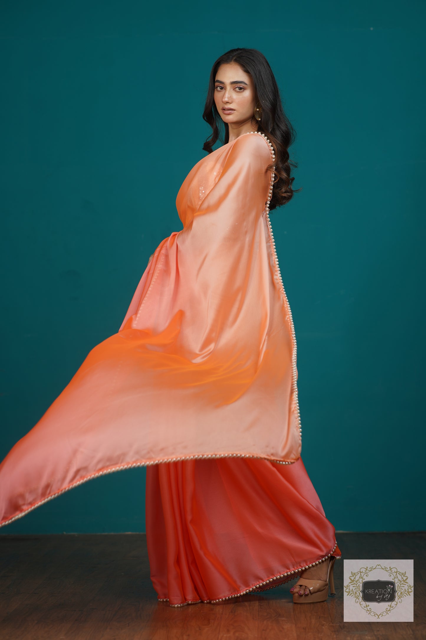 Tangerine Ombre Saree With Pearl Lace