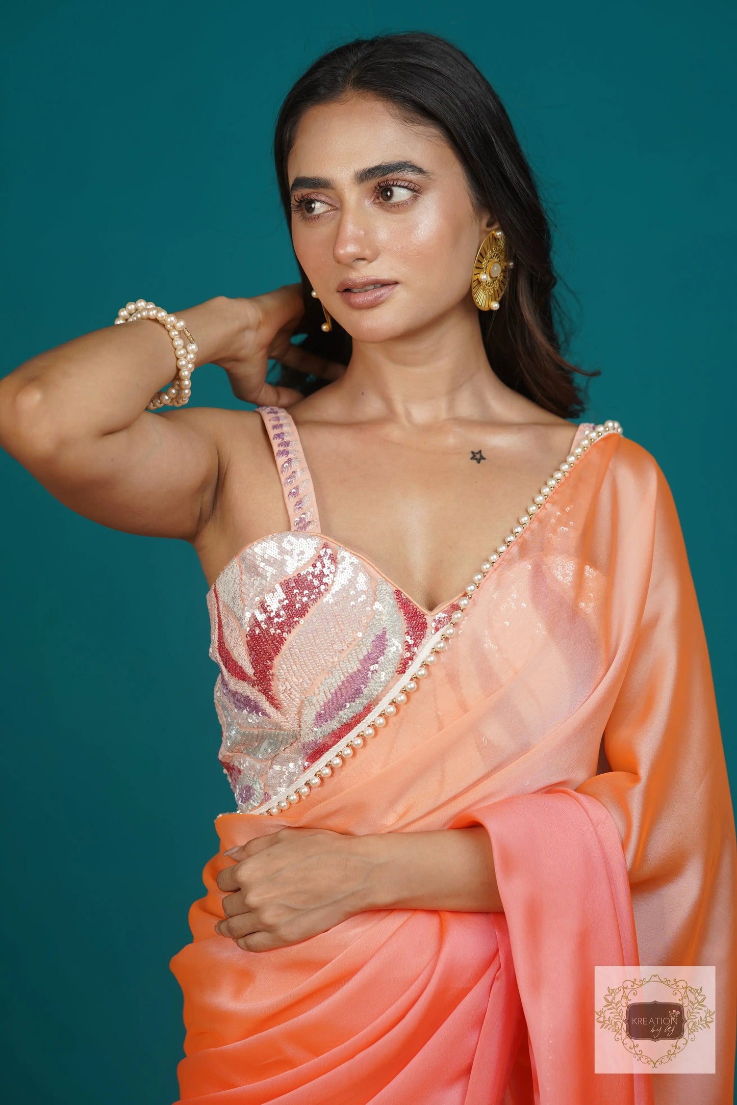 Peach Dazzle Diva Hand embroidered Cocktail Blouse kreationbykj