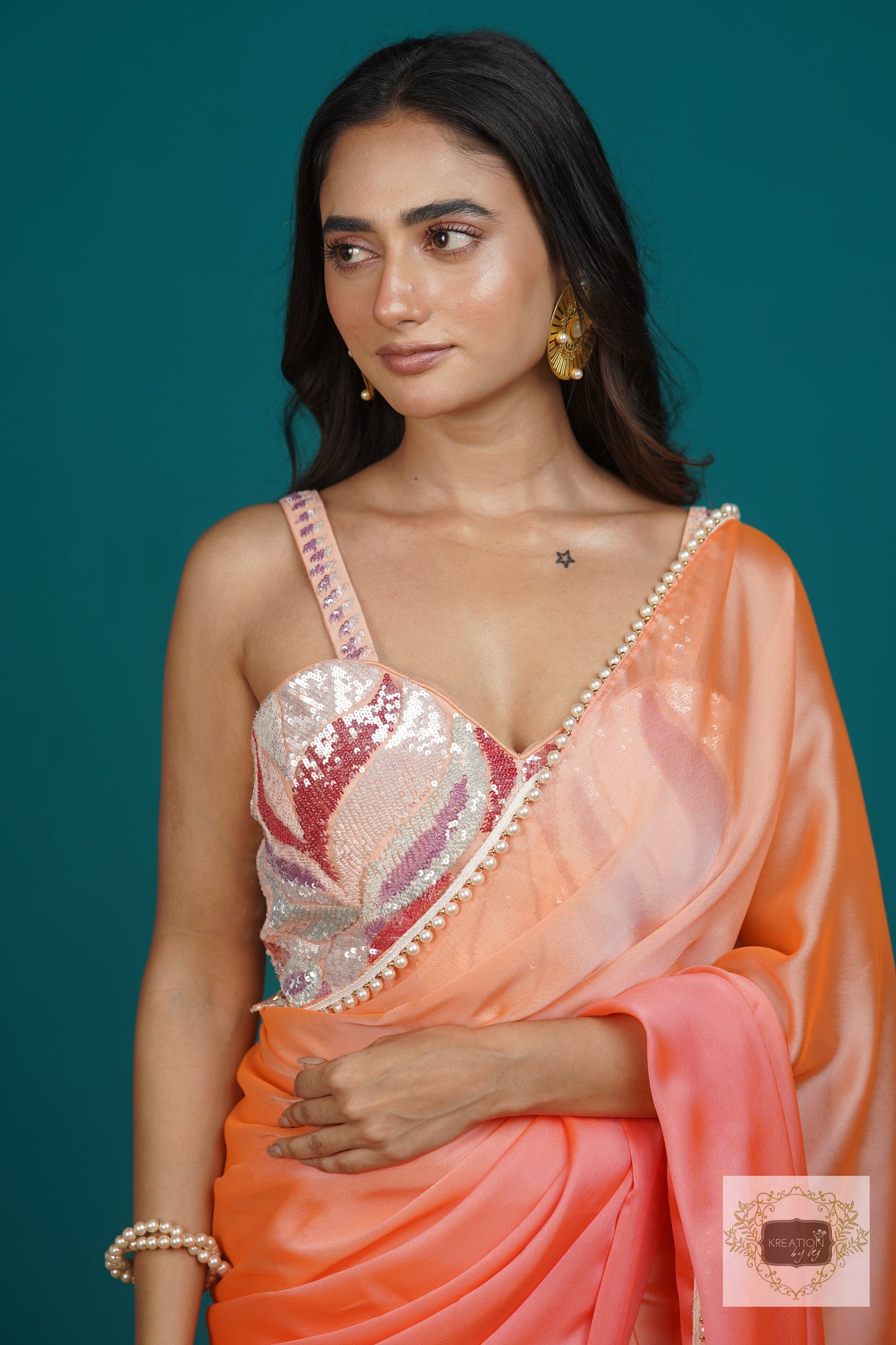 Peach Dazzle Diva Hand embroidered Cocktail Blouse kreationbykj