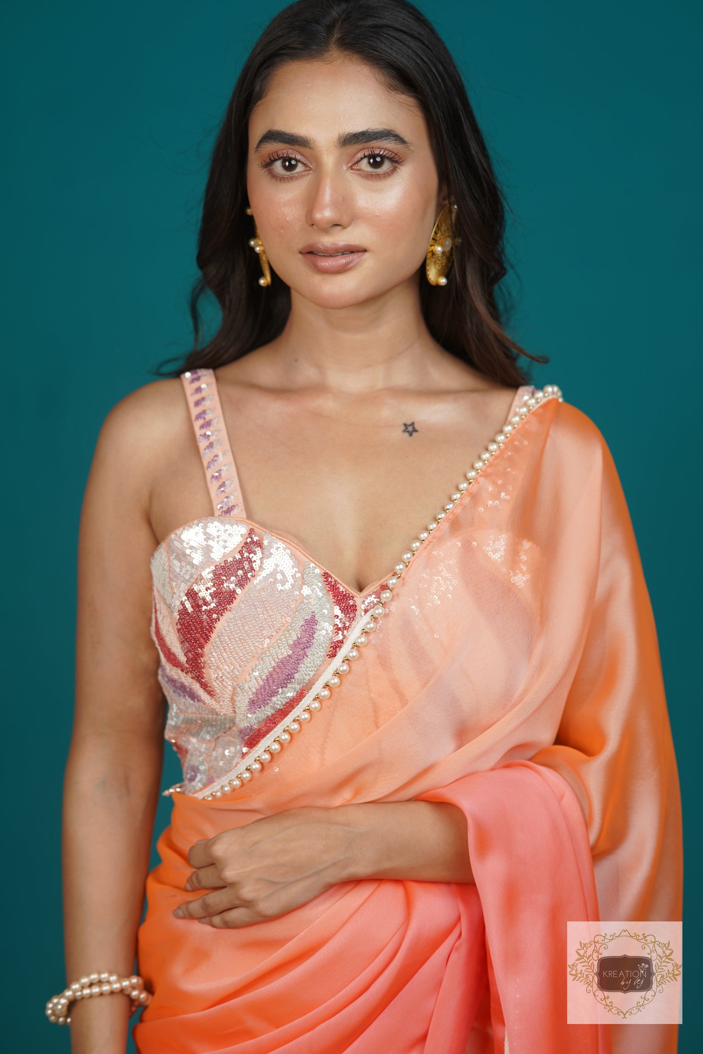 Tangerine Ombre Saree With Pearl Lace