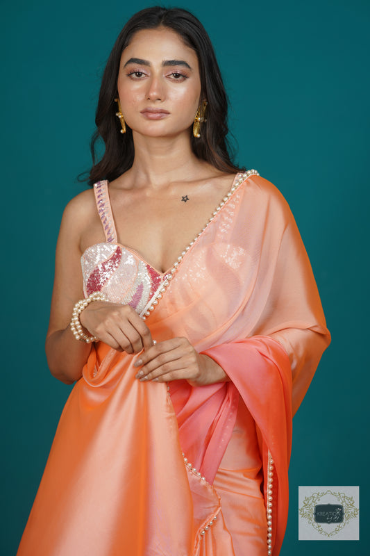 Tangerine Ombre Saree With Pearl Lace