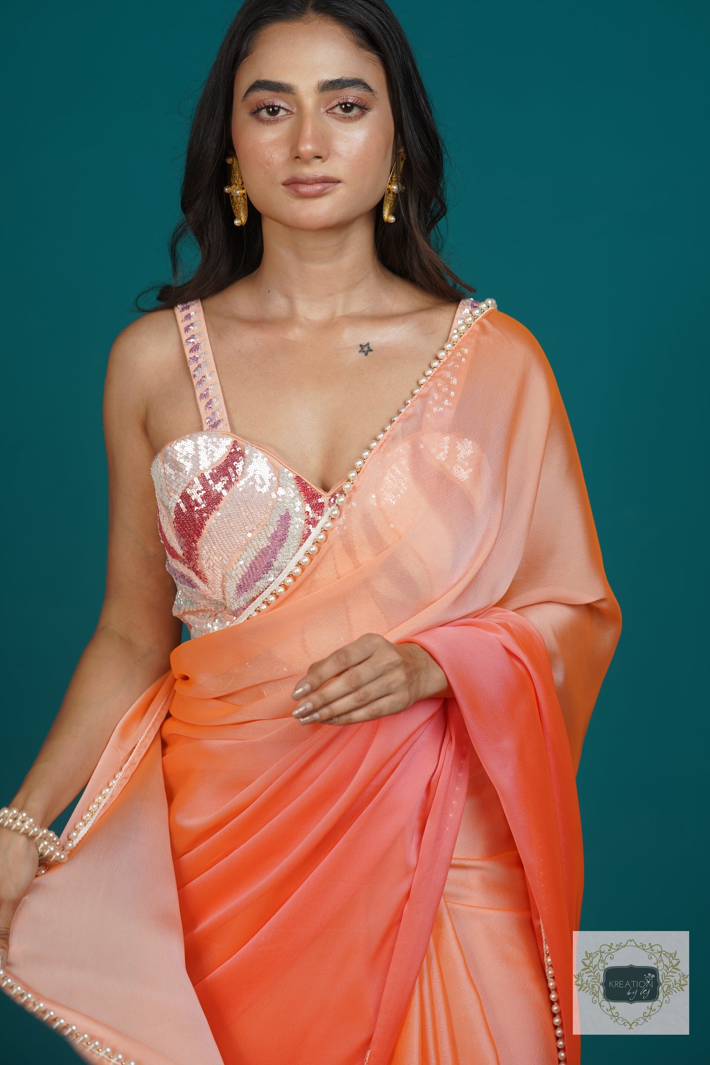 Tangerine Ombre Saree With Pearl Lace
