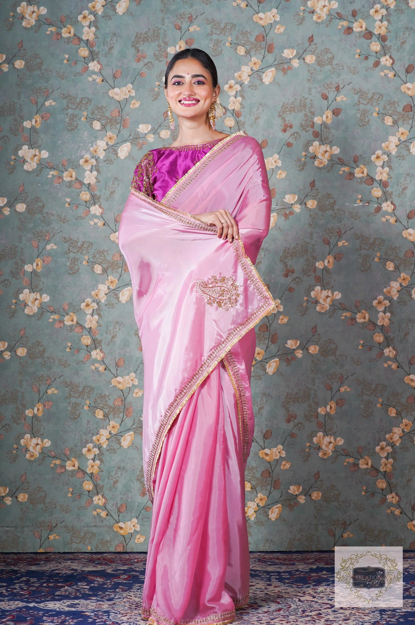 Pink Buttersilk Handembroidered Saree kreationbykj