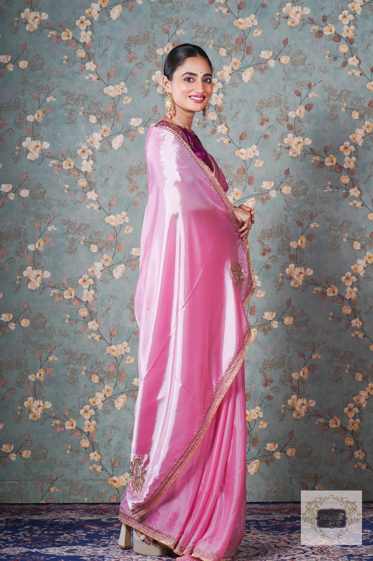 Pink Buttersilk Handembroidered Saree kreationbykj