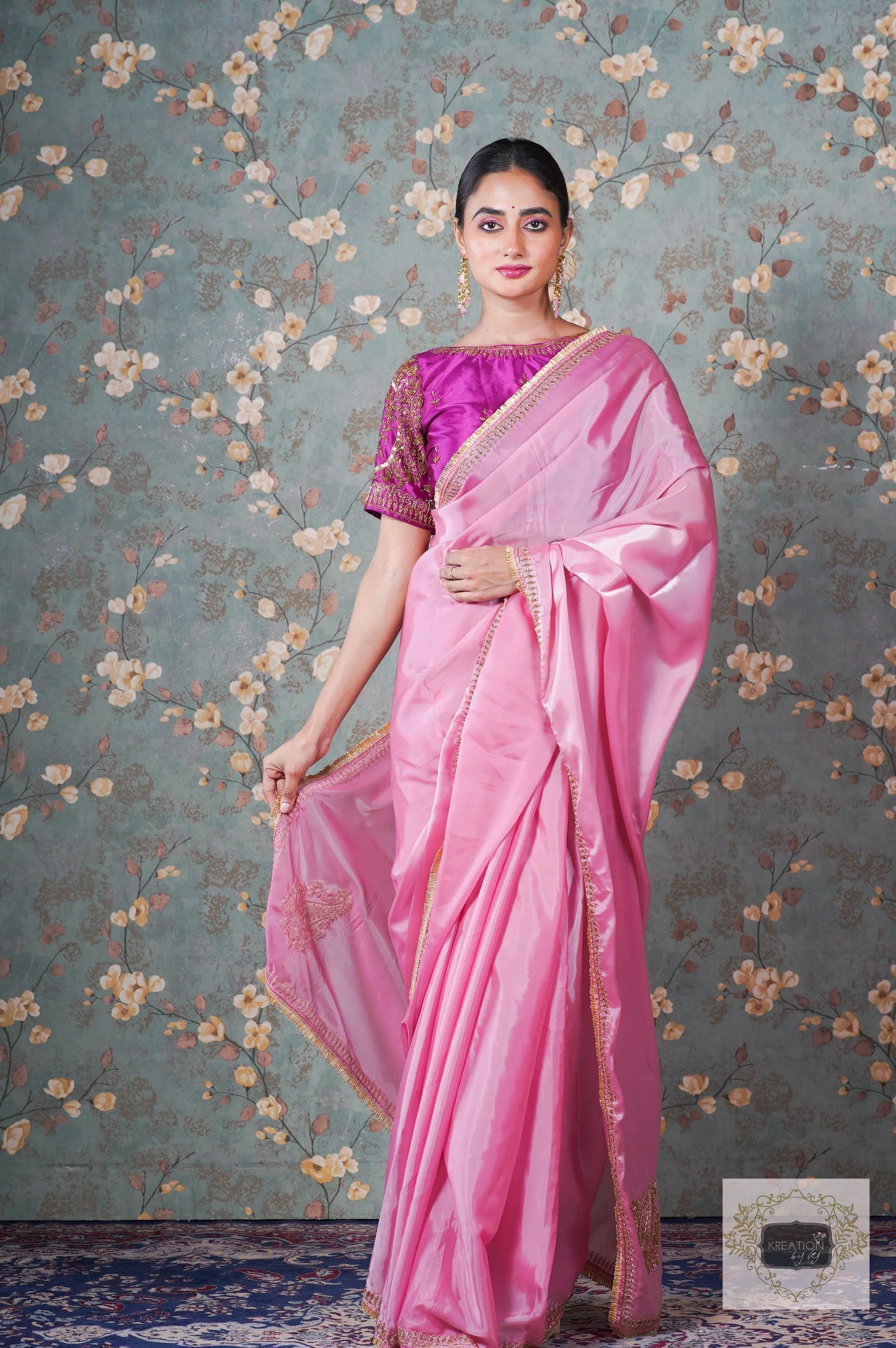 Pink Buttersilk Handembroidered Saree kreationbykj