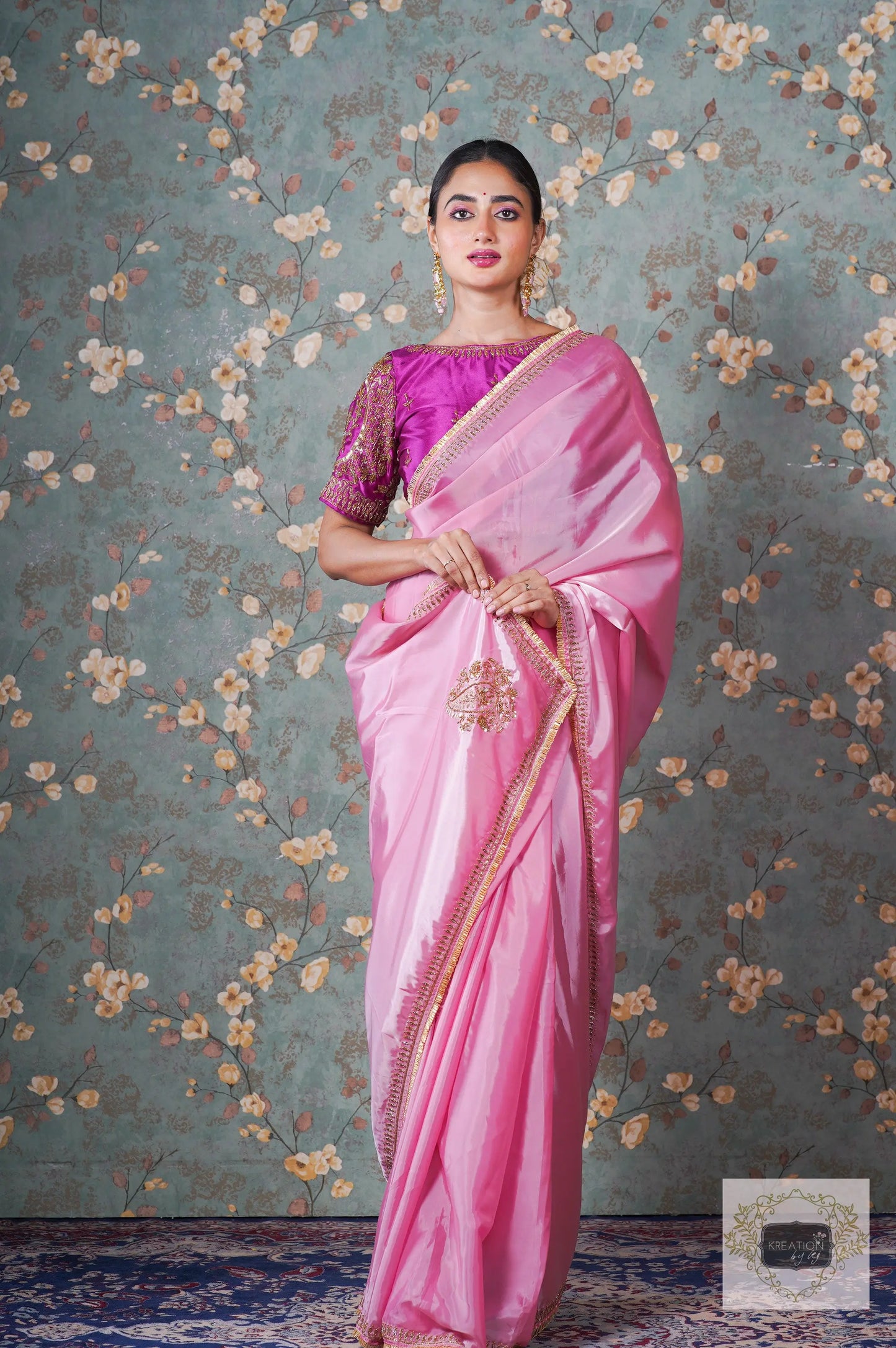 Pink Buttersilk Handembroidered Saree kreationbykj