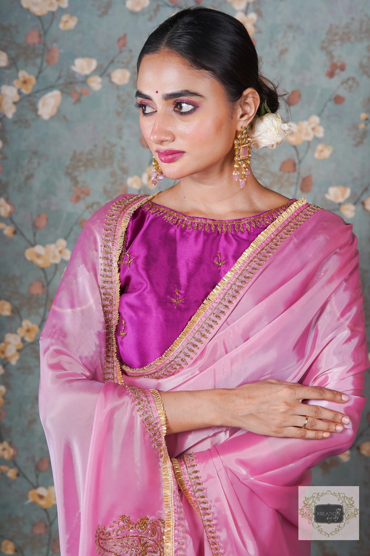 Pink Buttersilk Handembroidered Saree kreationbykj