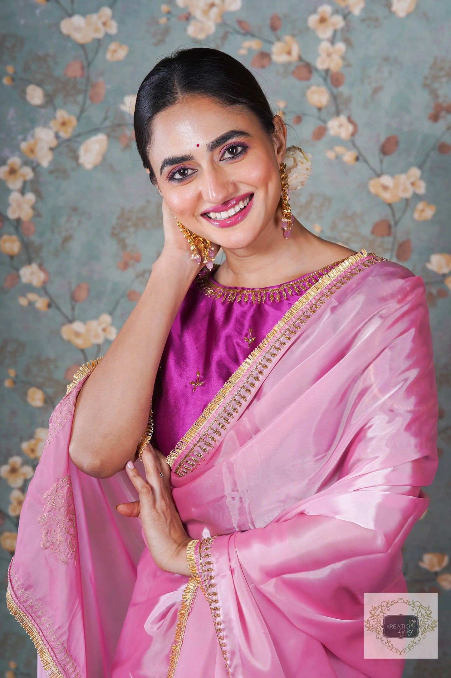 Pink Buttersilk Handembroidered Saree kreationbykj