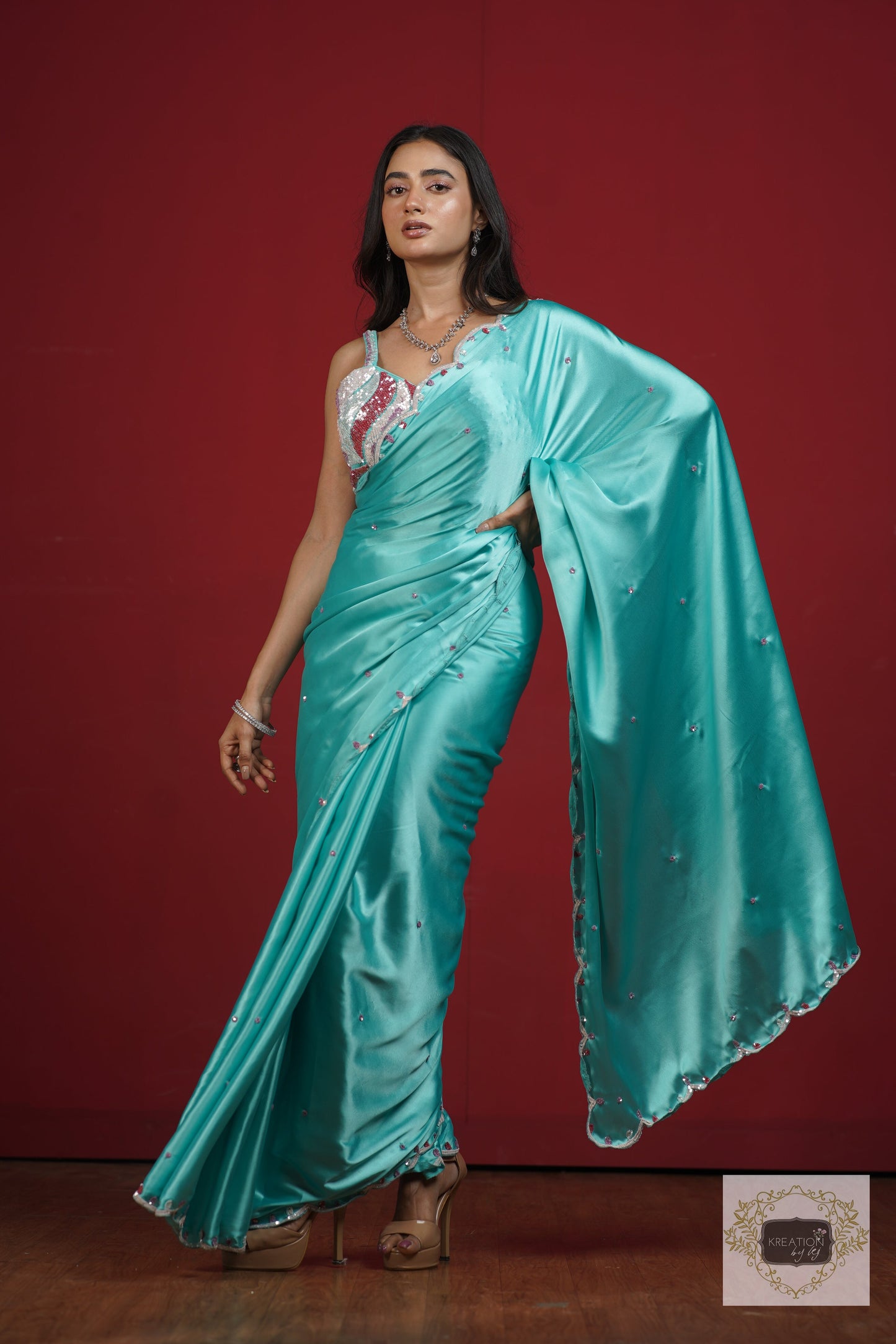 Turquoise Blue Cocktail Saree kreationbykj