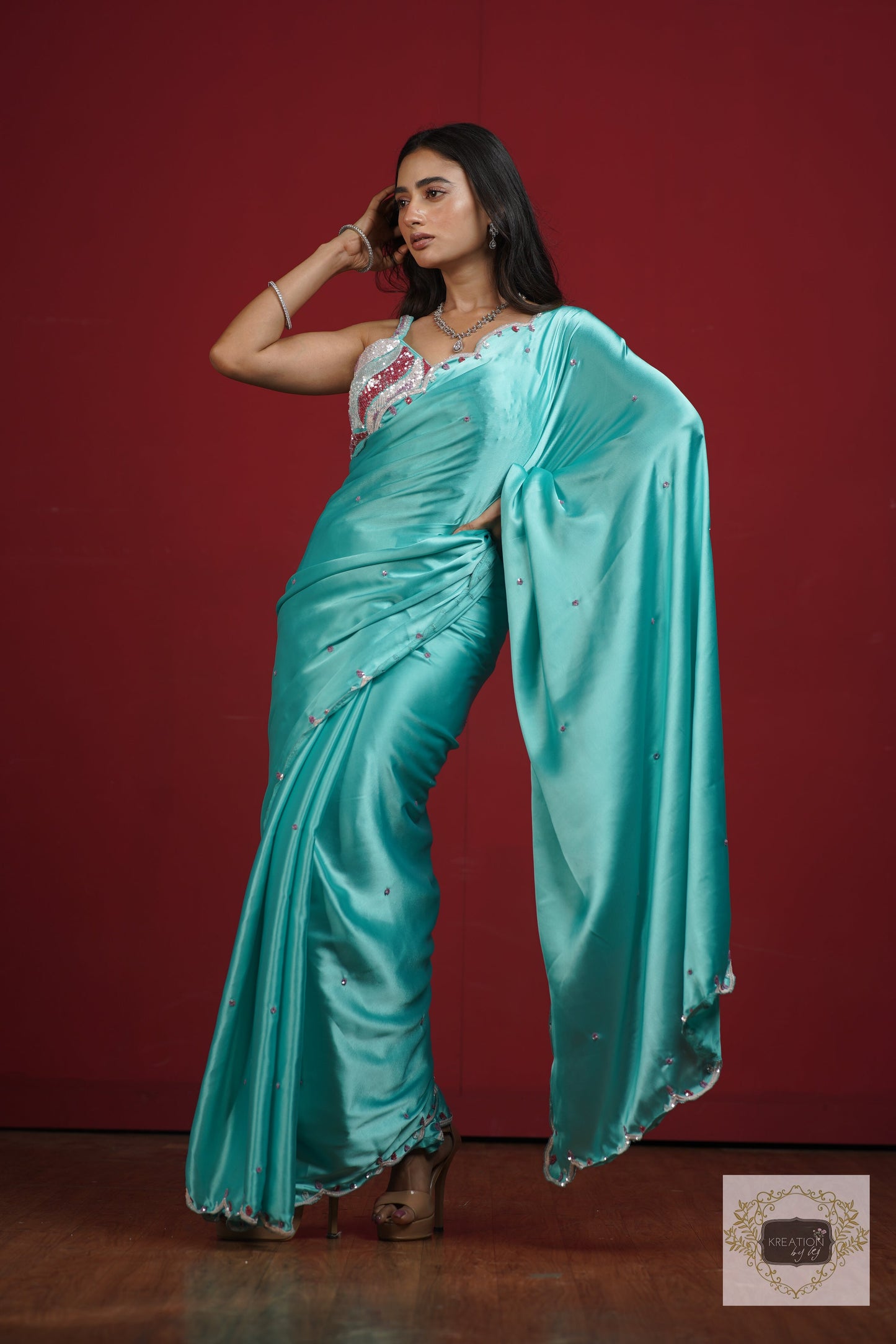 Turquoise Blue Cocktail Saree kreationbykj
