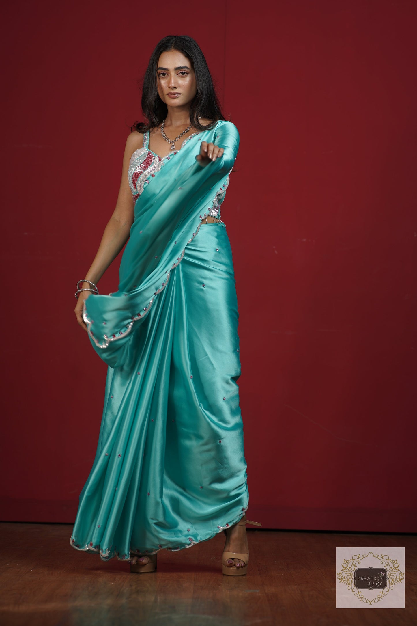 Turquoise Blue Cocktail Saree kreationbykj
