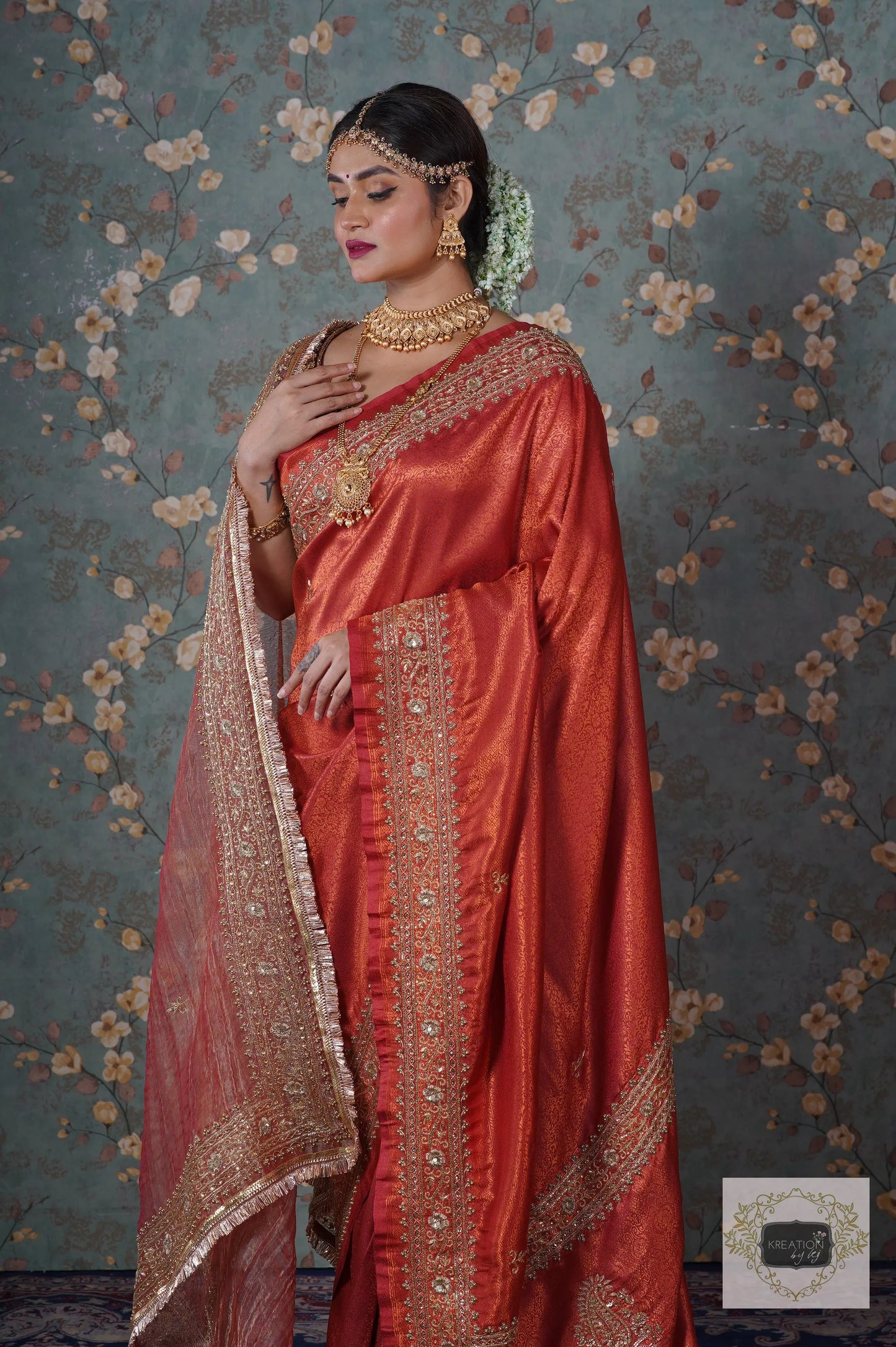 Rust Banarasi Zarina Saree kreationbykj