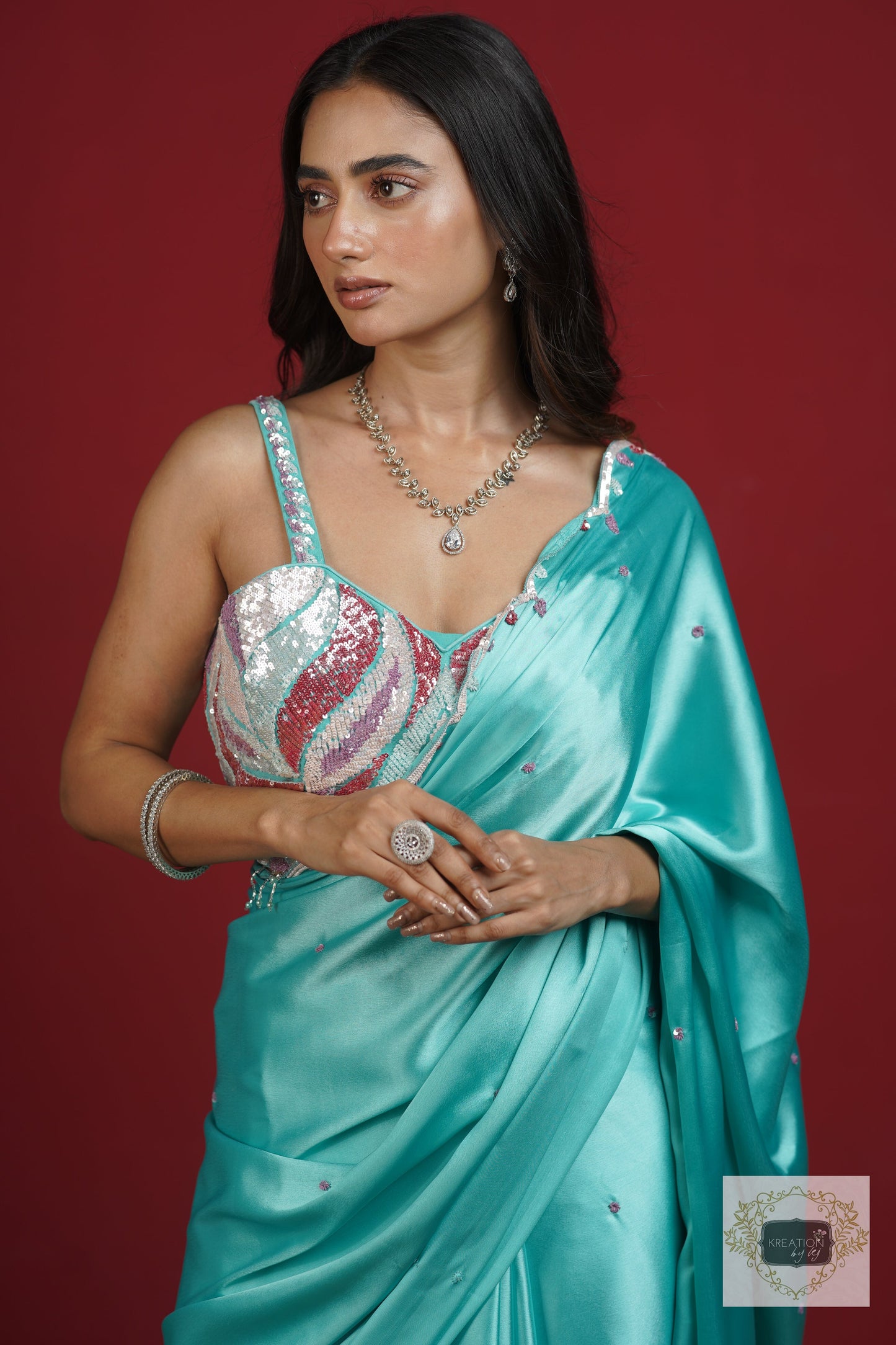 Turquoise Blue Cocktail Saree kreationbykj