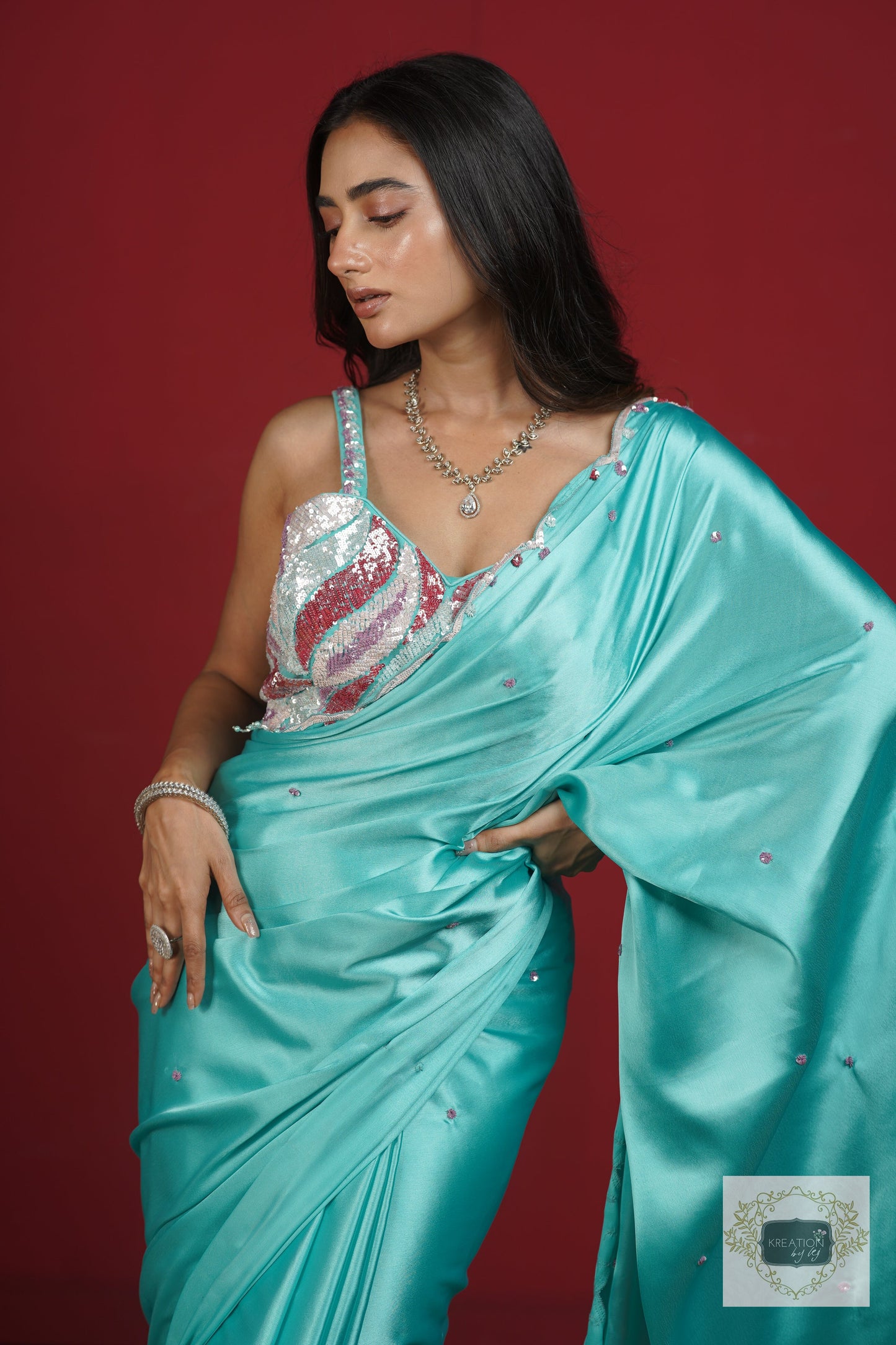 Turquoise Blue Cocktail Saree kreationbykj