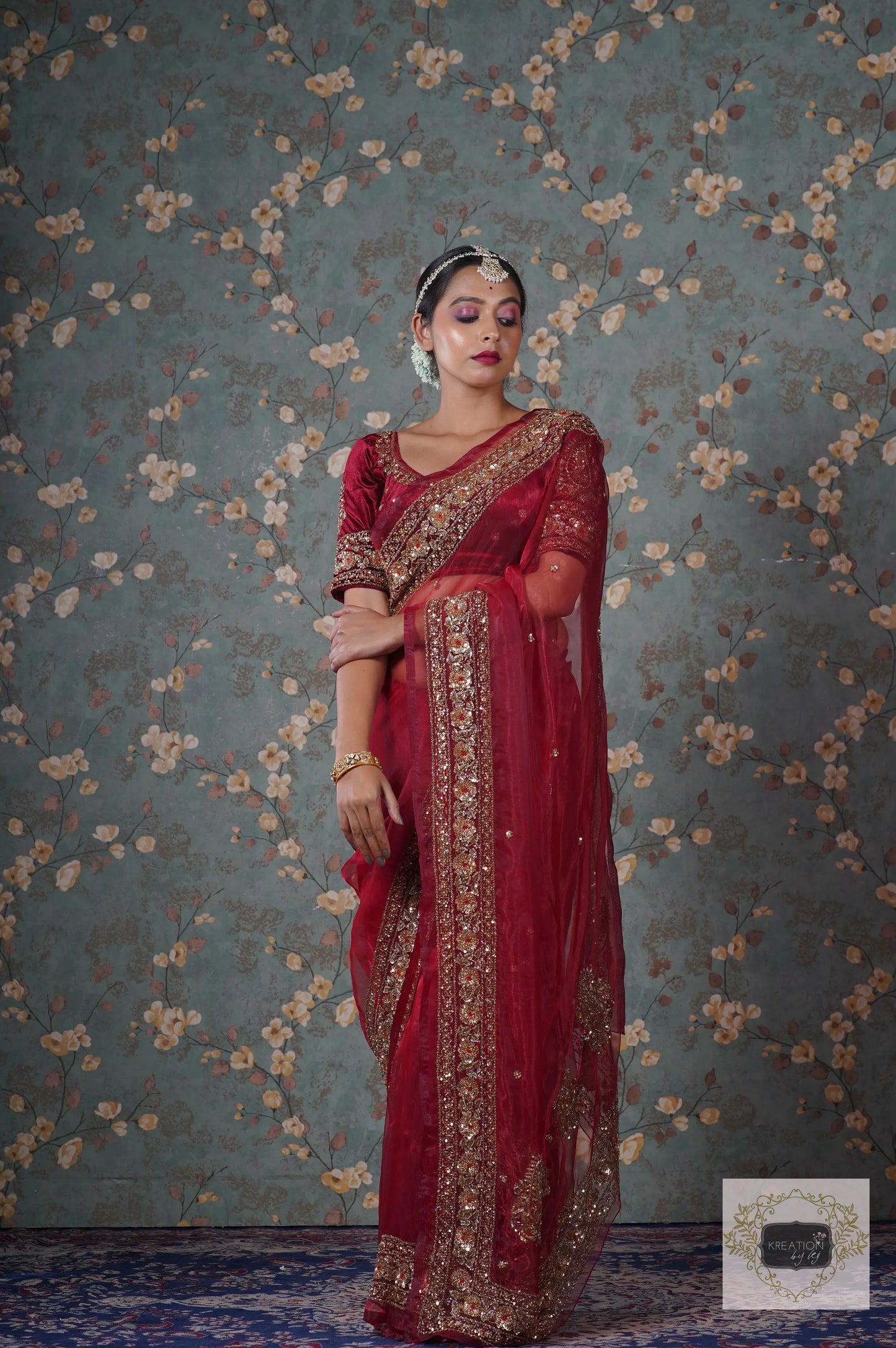 Red Glass Tissue Prajoti Saree kreationbykj