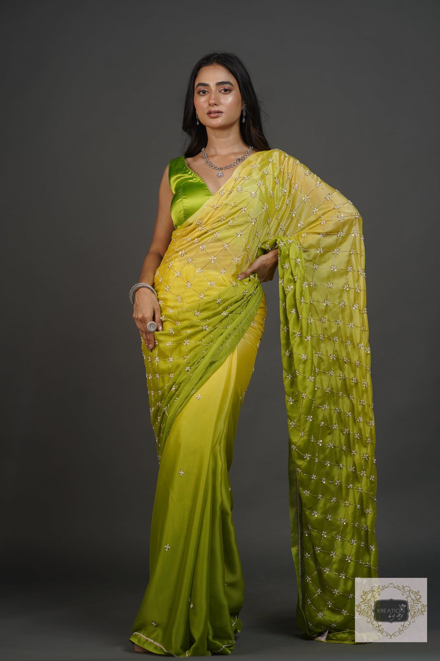 Mango Bite Ombre Cutdana Jaal Saree kreationbykj