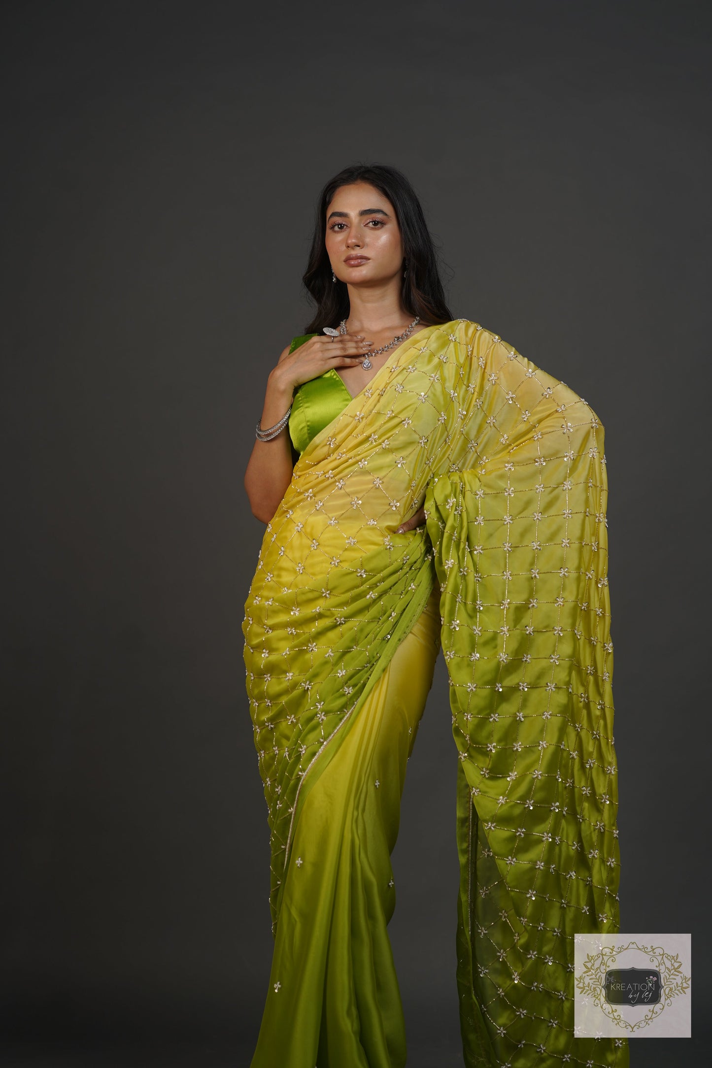 Mango Bite Ombre Cutdana Jaal Saree kreationbykj