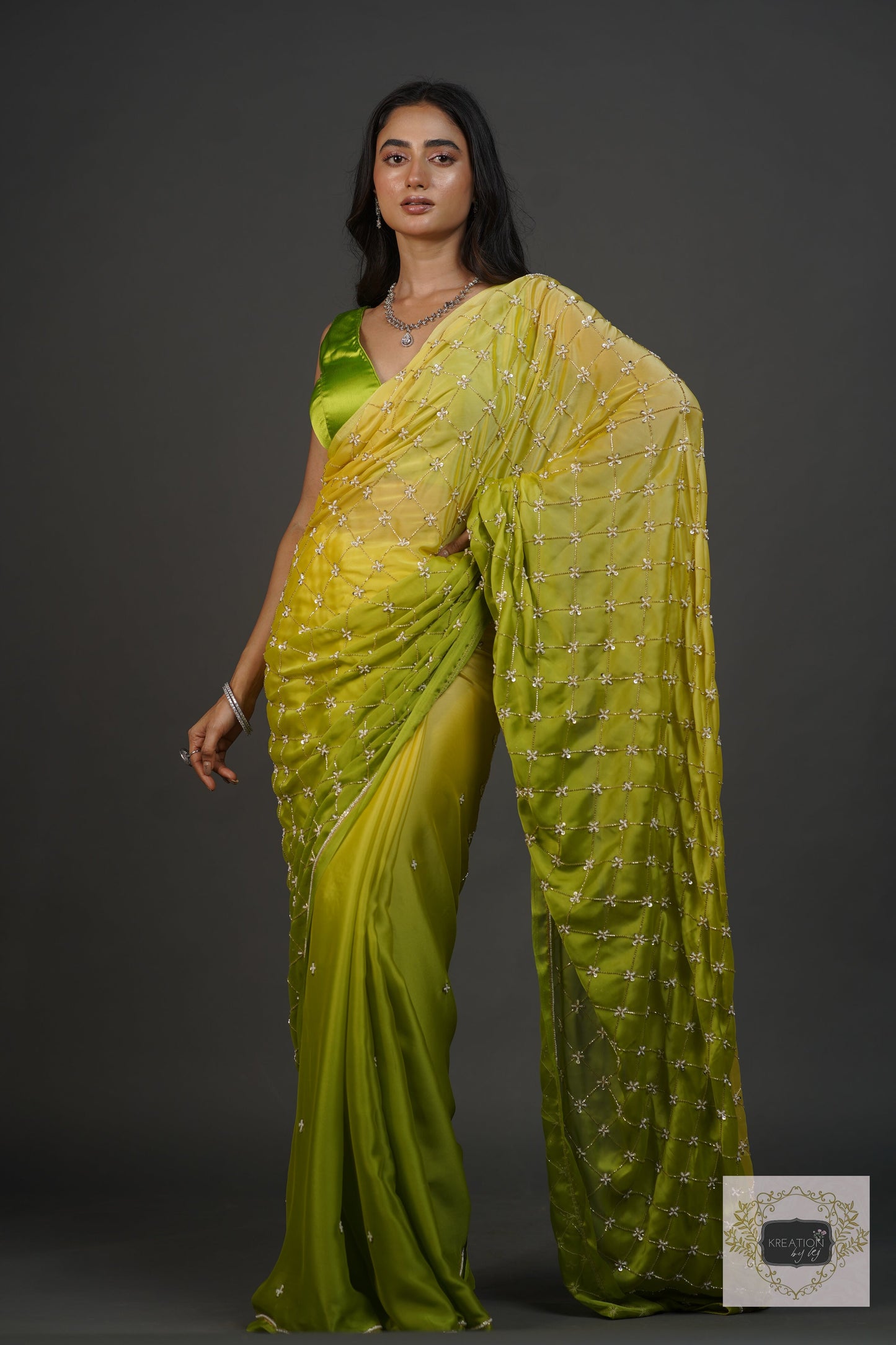 Mango Bite Ombre Cutdana Jaal Saree kreationbykj