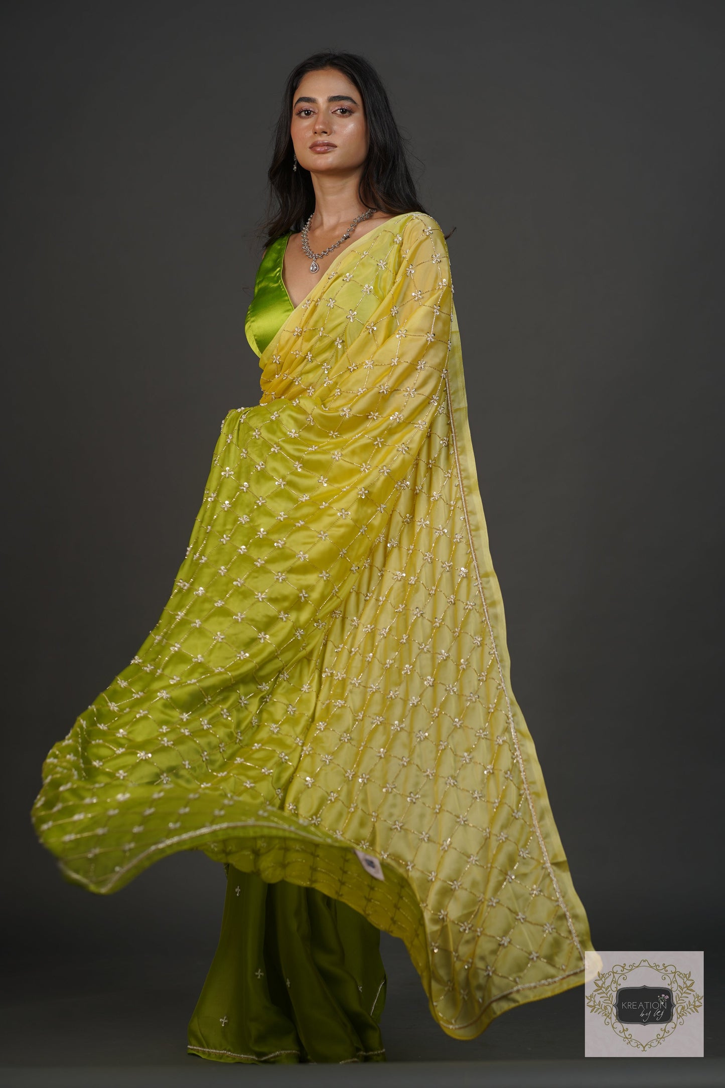 Mango Bite Ombre Cutdana Jaal Saree kreationbykj