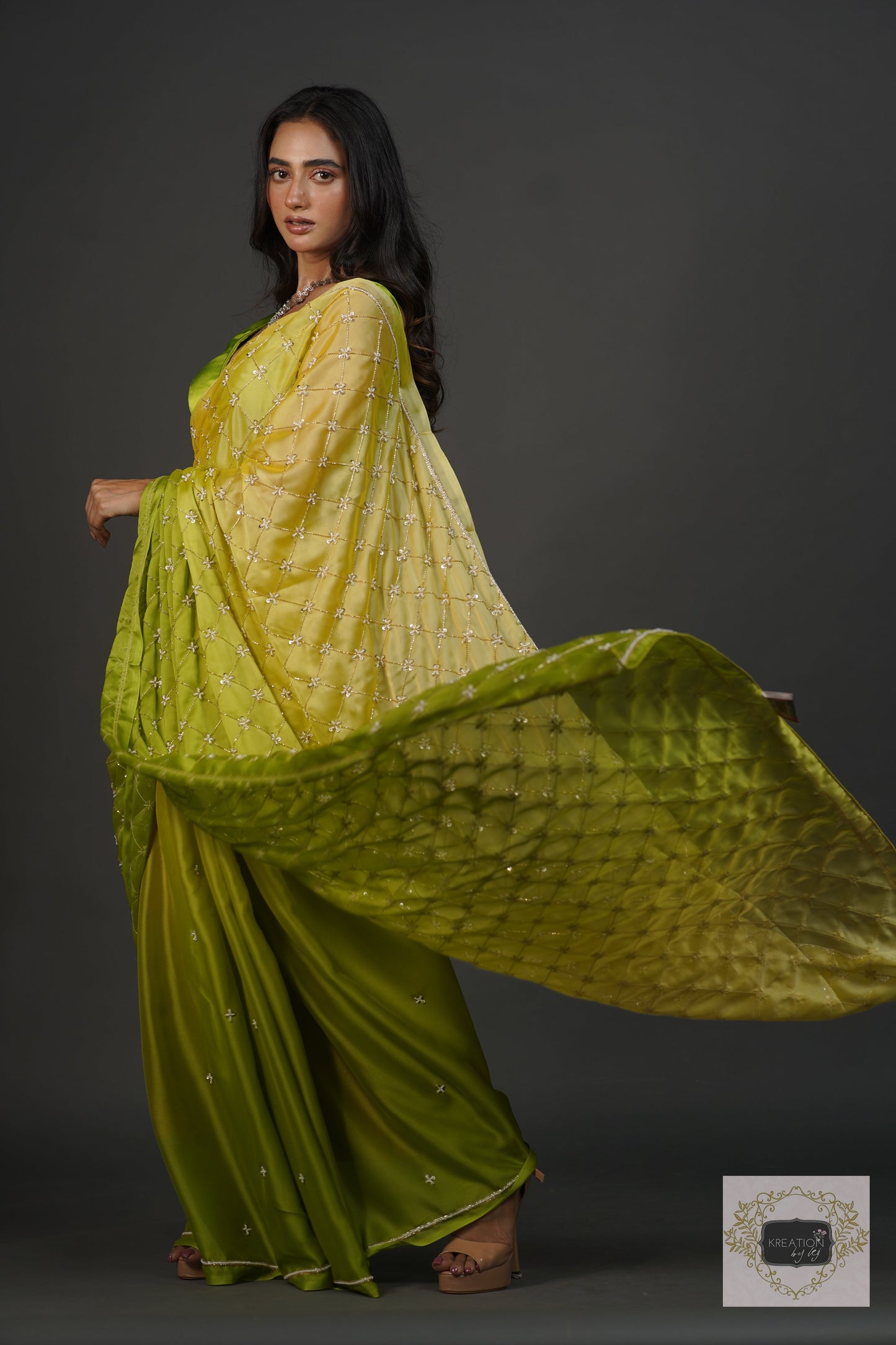 Mango Bite Ombre Cutdana Jaal Saree kreationbykj