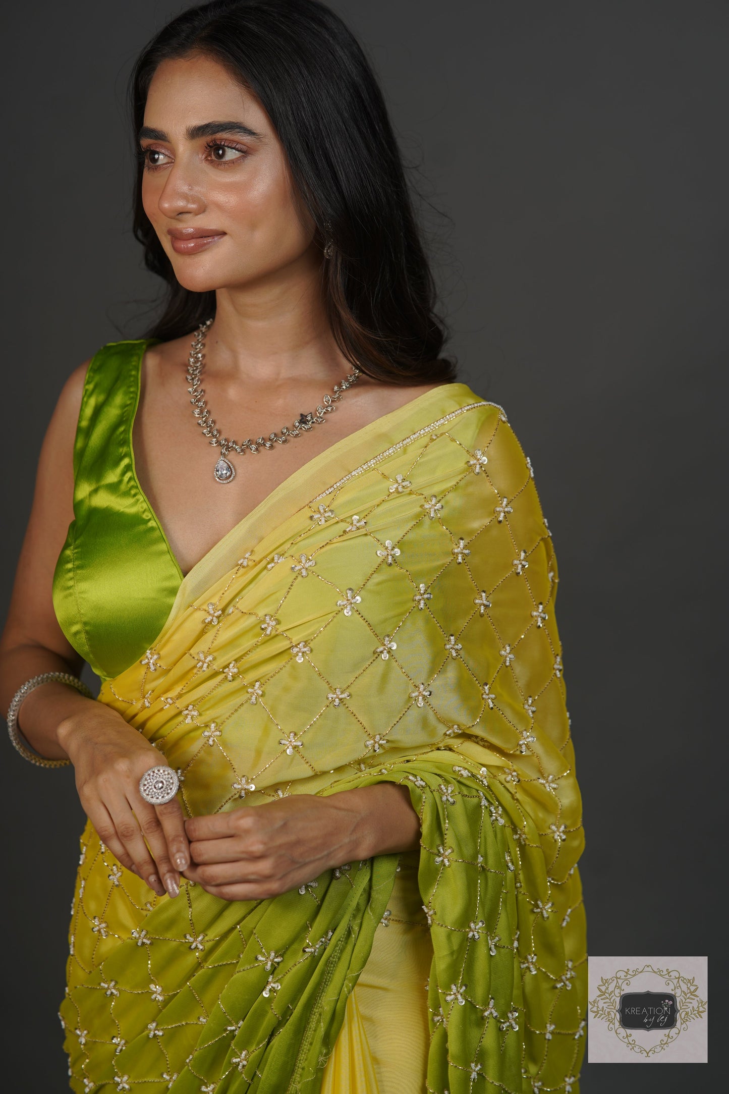 Mango Bite Ombre Cutdana Jaal Saree kreationbykj