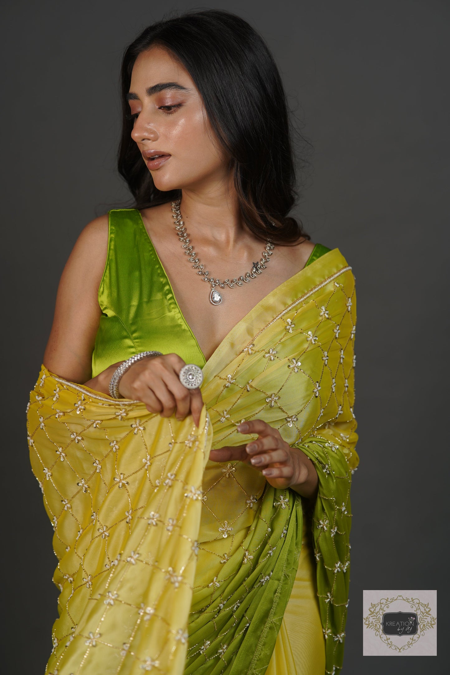 Mango Bite Ombre Cutdana Jaal Saree kreationbykj