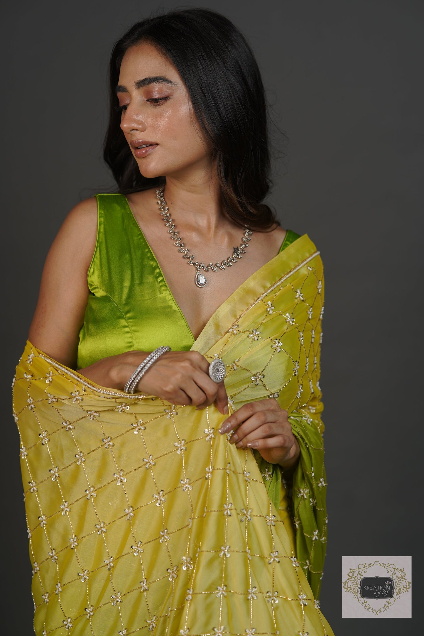 Mango Bite Ombre Cutdana Jaal Saree kreationbykj